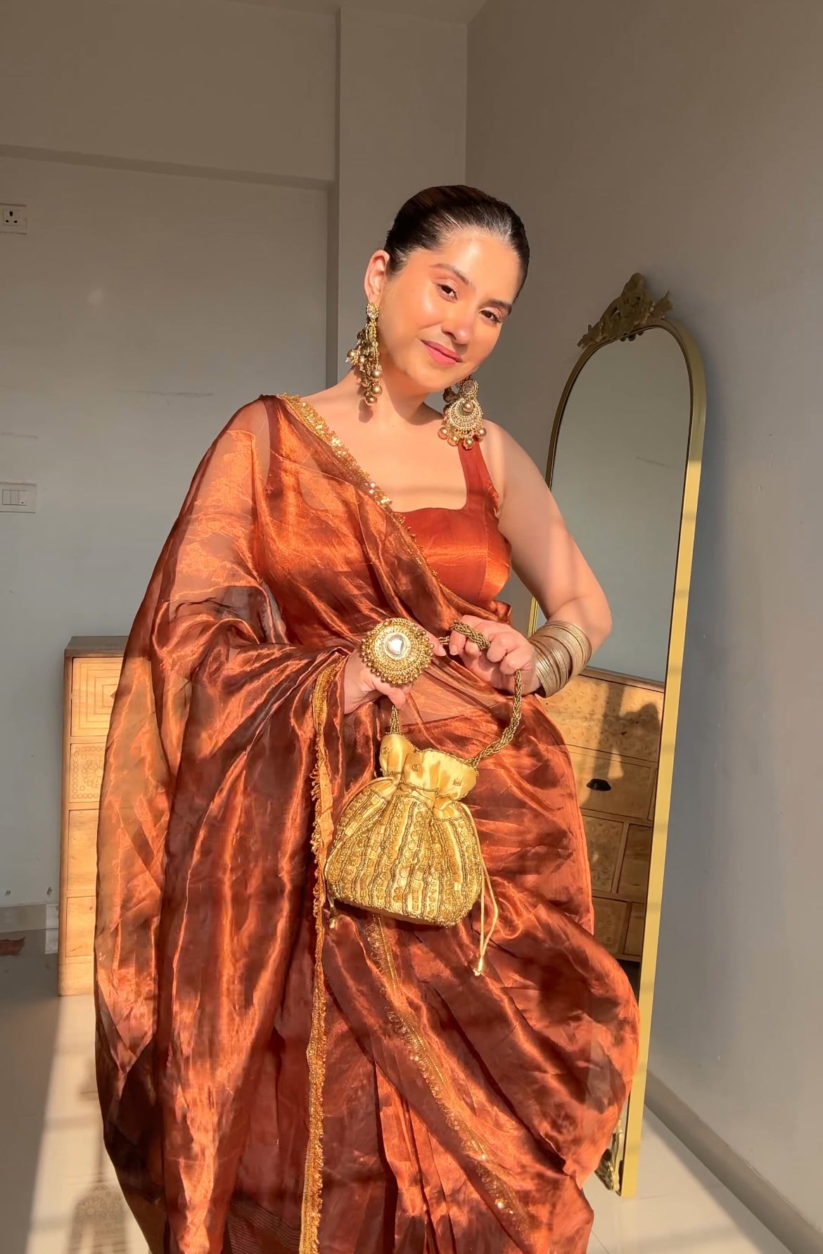 Molten Copper chanderi tissue silk saree with kiran border