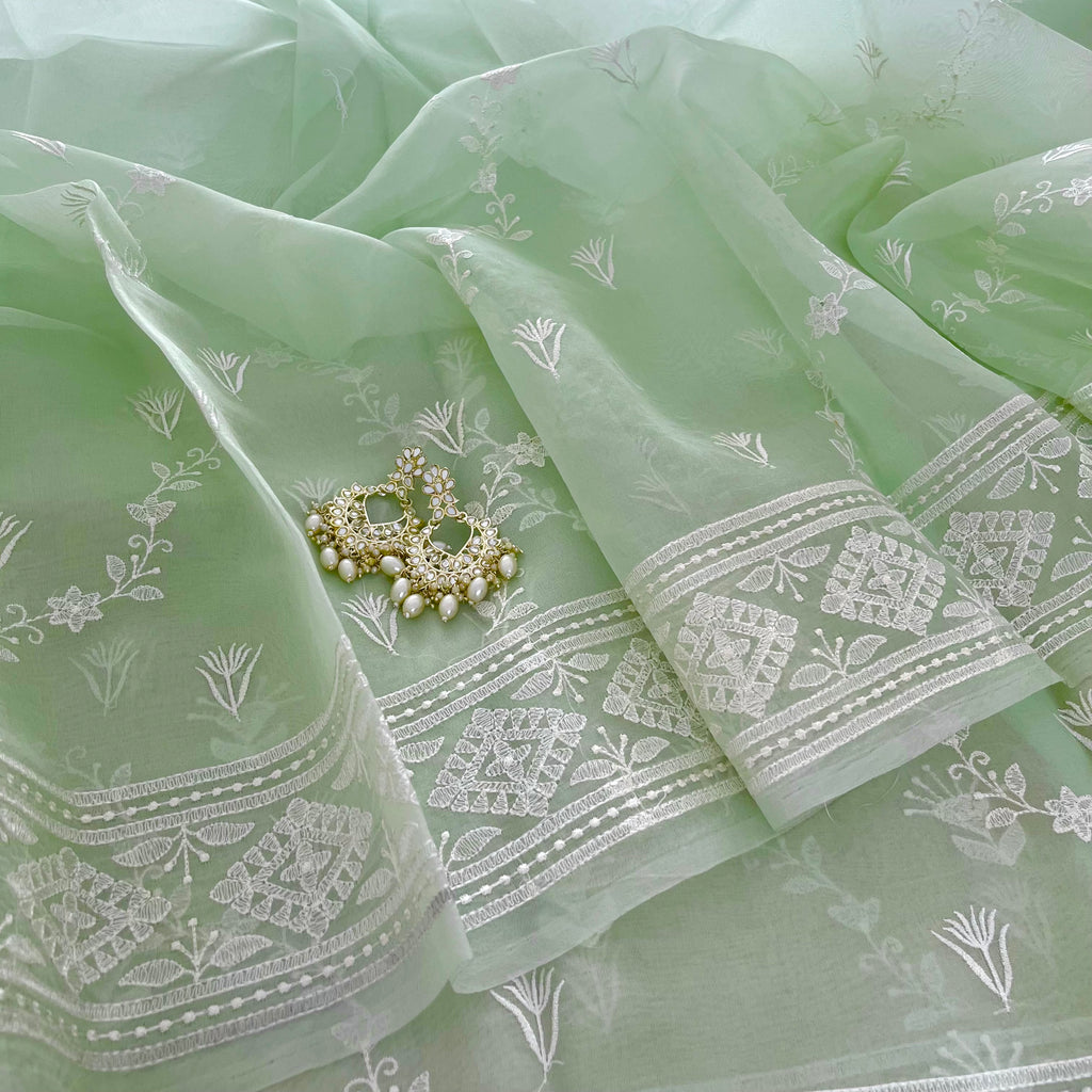 Sea Green Banarasi Organza Silk Saree with Threadwork all over