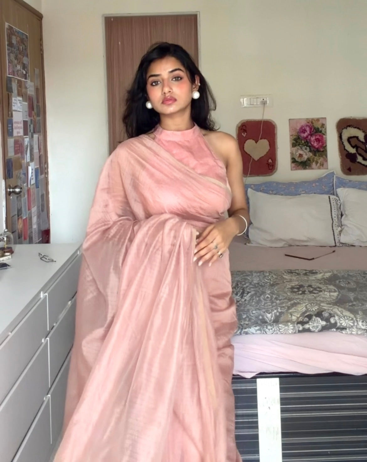 Pastel Pink Maheshwari saree with zari lines all over