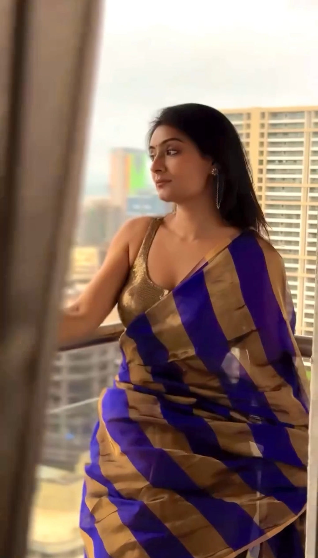 Dark purplish blue Chanderi silk saree with zari stripes