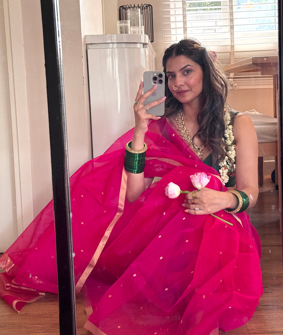 Fuschia pink Chanderi silk saree with zari bootis all over