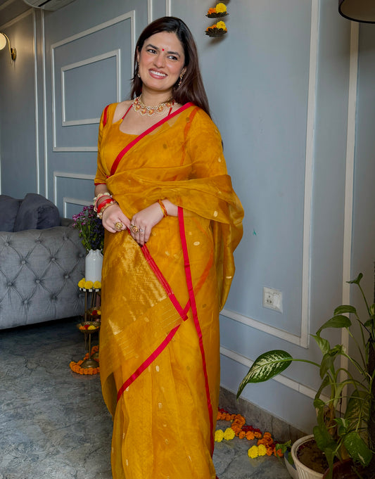 Mustard red Chanderi silk saree with zari bootis all over