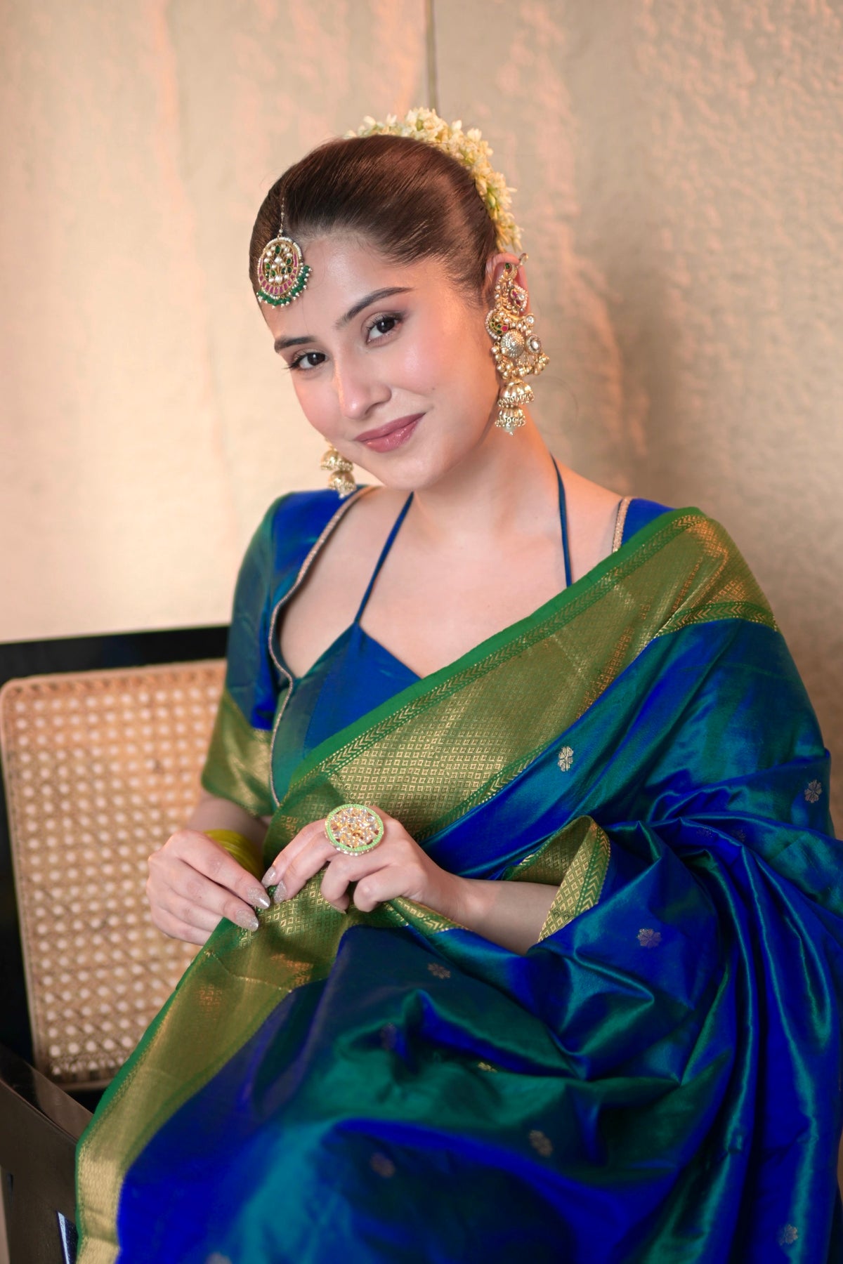 Peacock blue and green dual tone Maheshwari silk saree with zari bootis all over