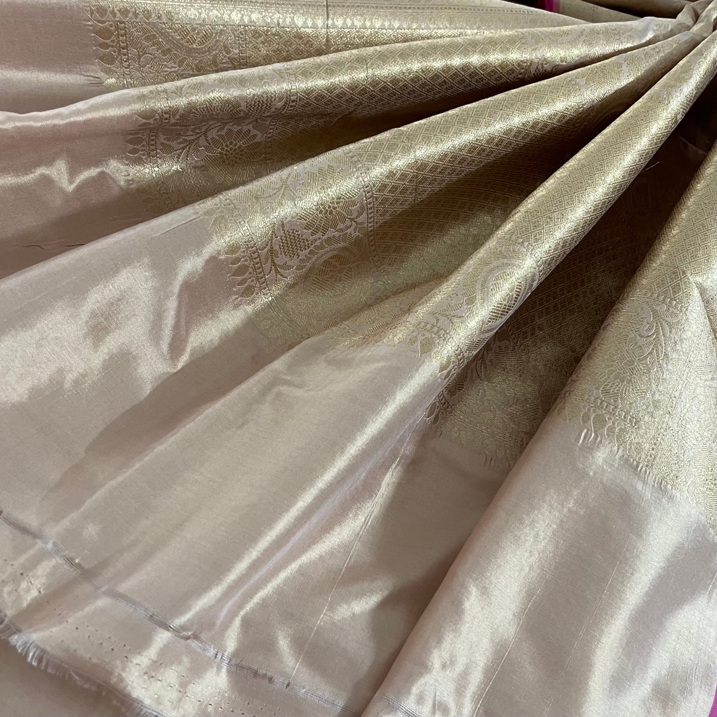 Sand and pink Banarasi katan silk saree with zari jaal work all over