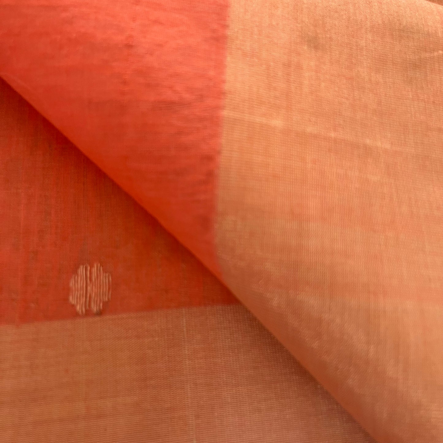 Peachish pink Chanderi saree with zari pattern on pallu