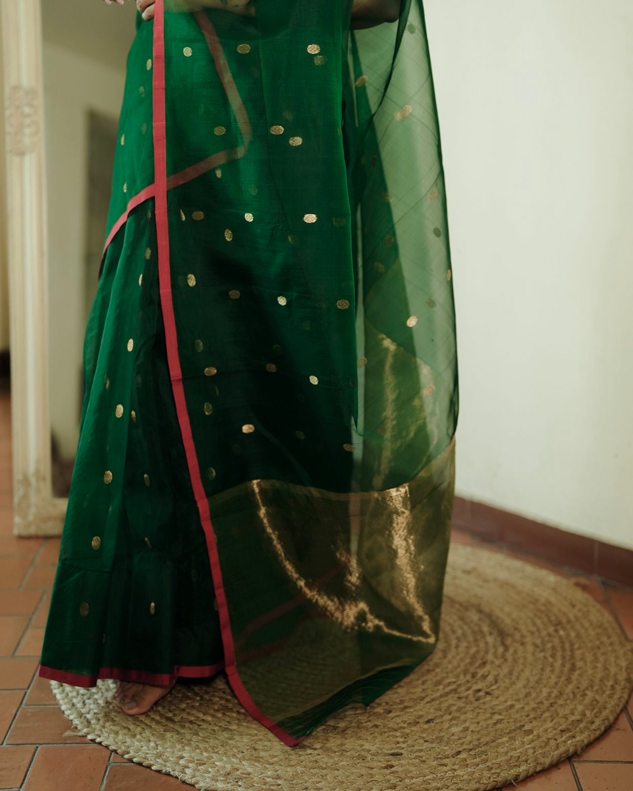 Green & red Chanderi silk saree with zari bootis all over