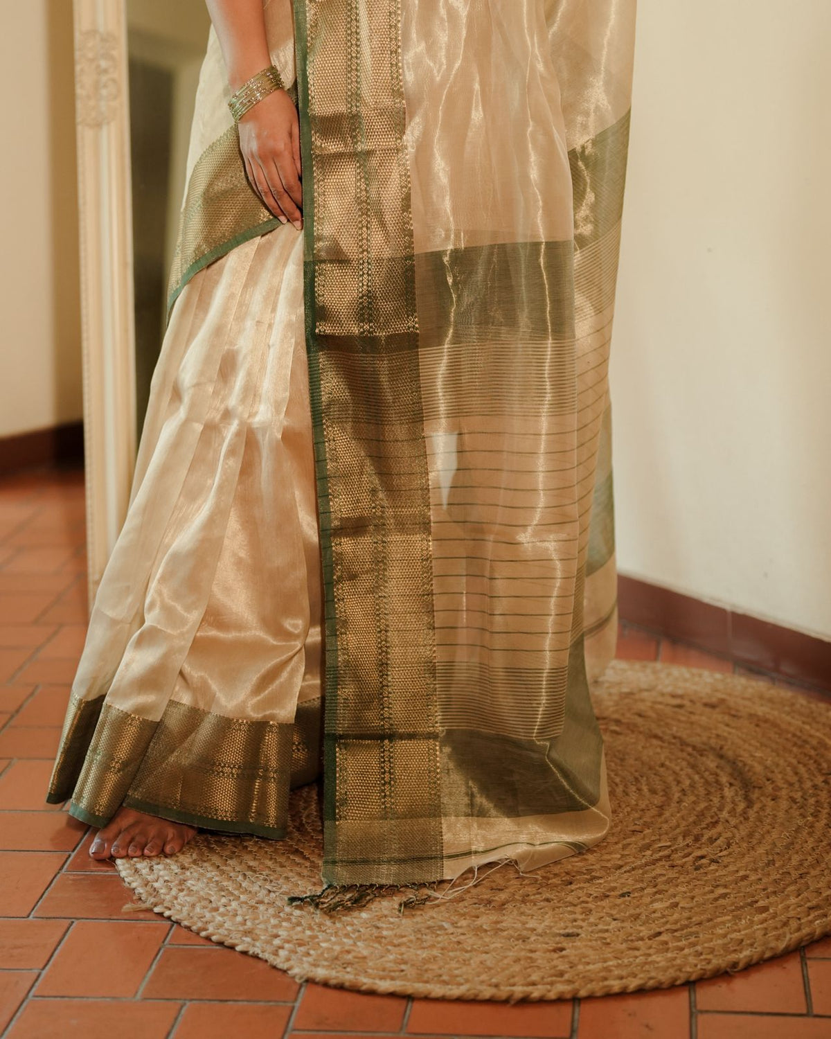 Cream Gold and green Maheshwari tissue silk saree with zari pattern on pallu