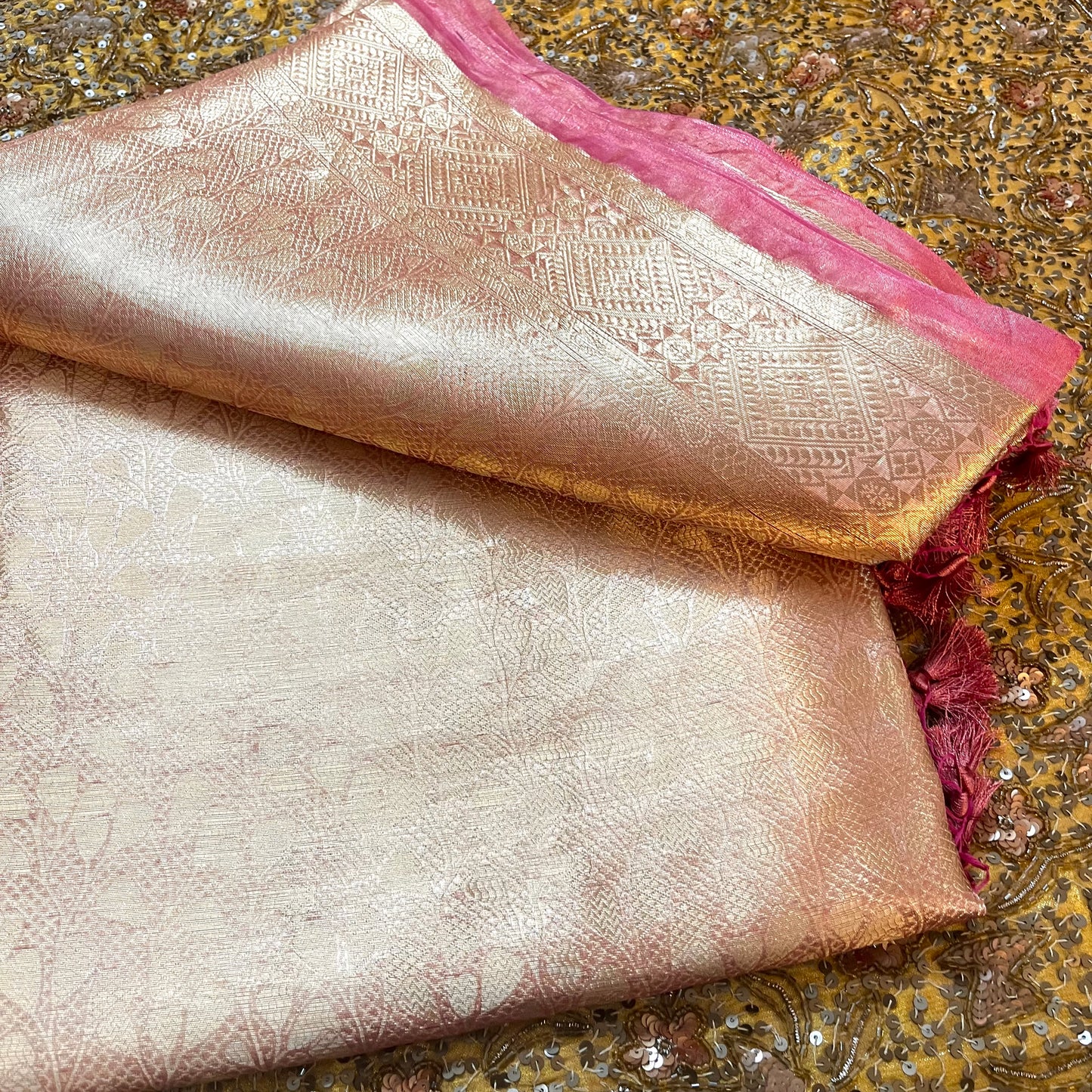 Rose and Gold banarasi brocade silk saree with zari pattern all over