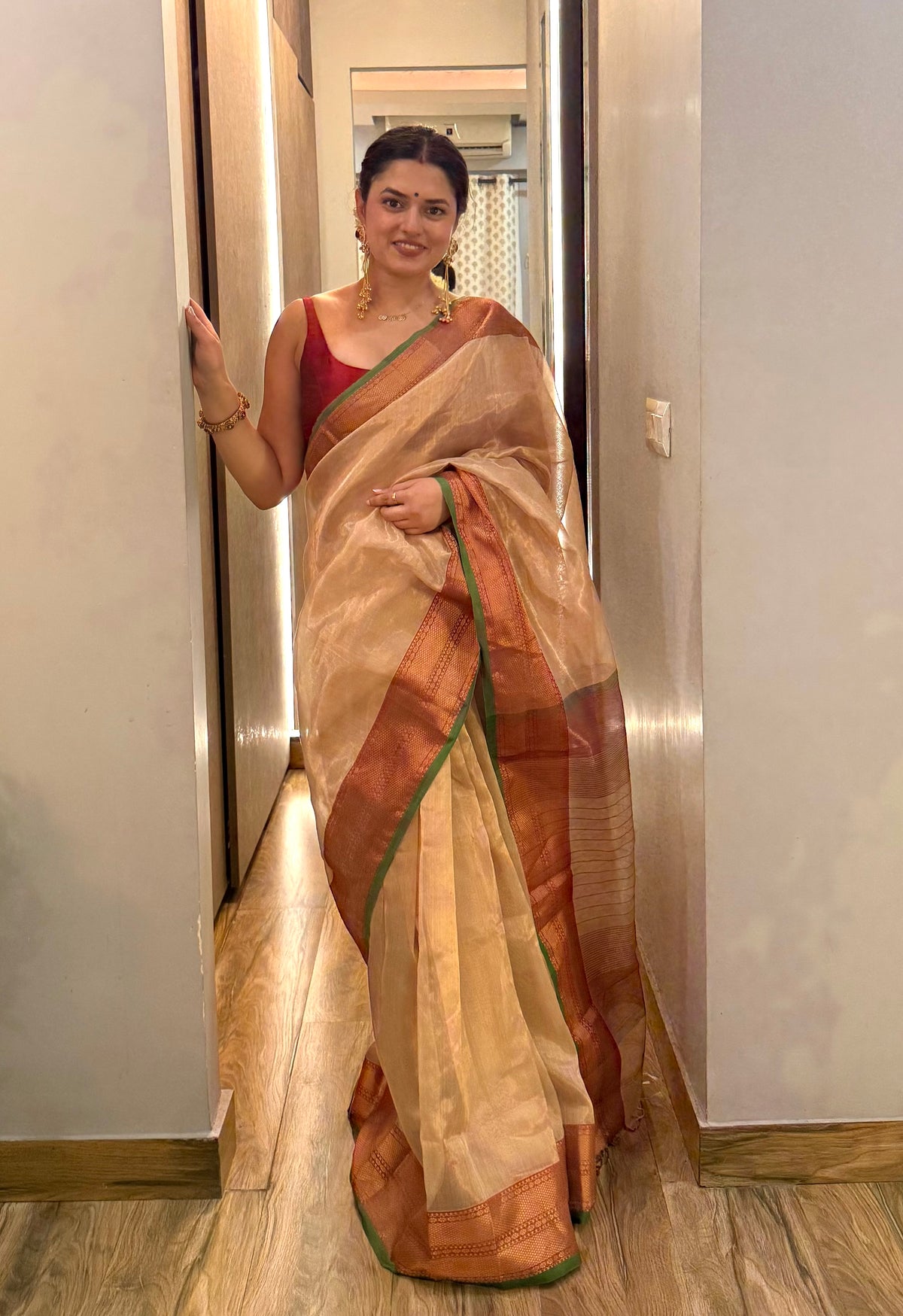 Ready to wear | Gold Red & Green Maheshwari Tissue Silk Saree with Zari Pattern on Pallu