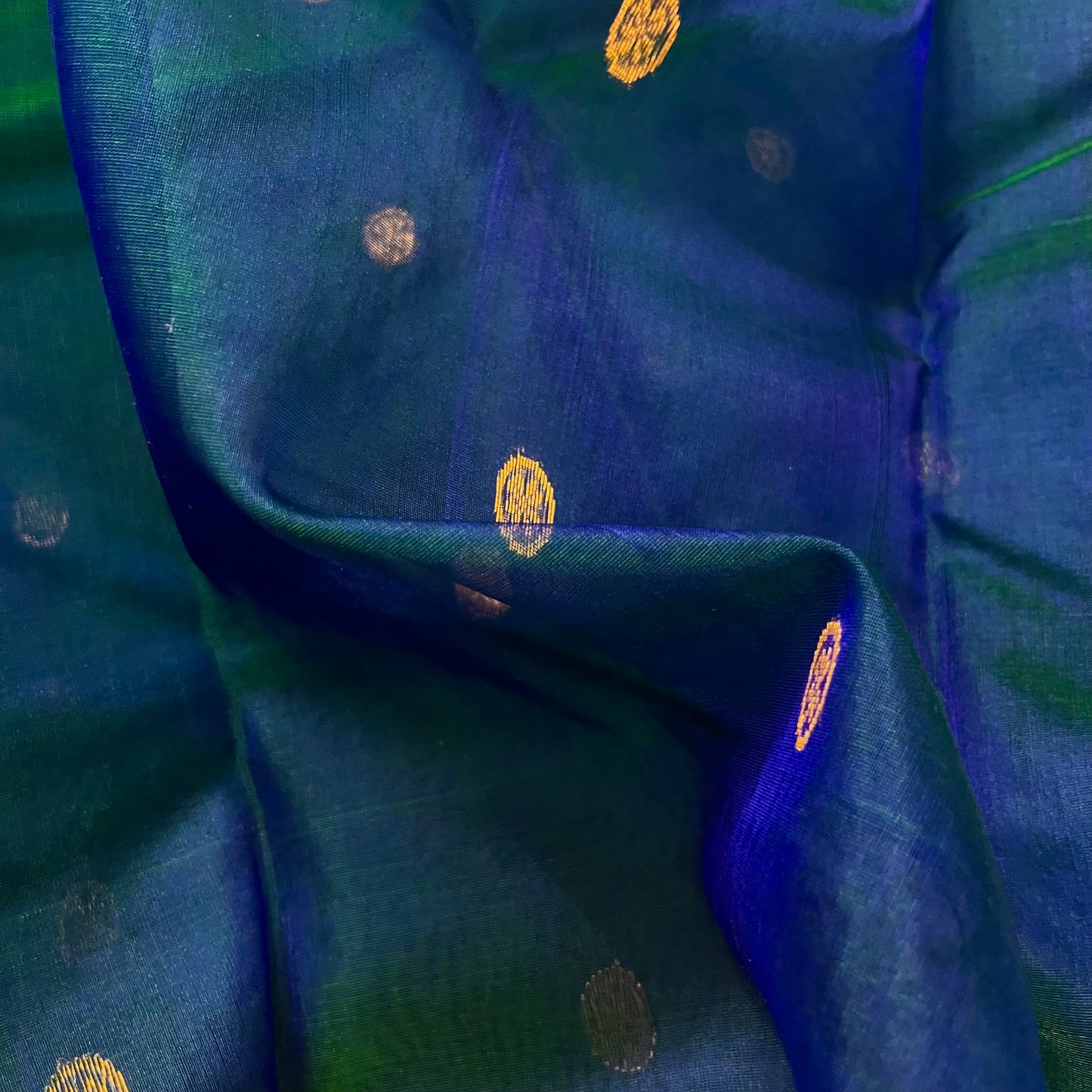 Peacock blue dual tone Chanderi silk saree with zari motifs on pallu