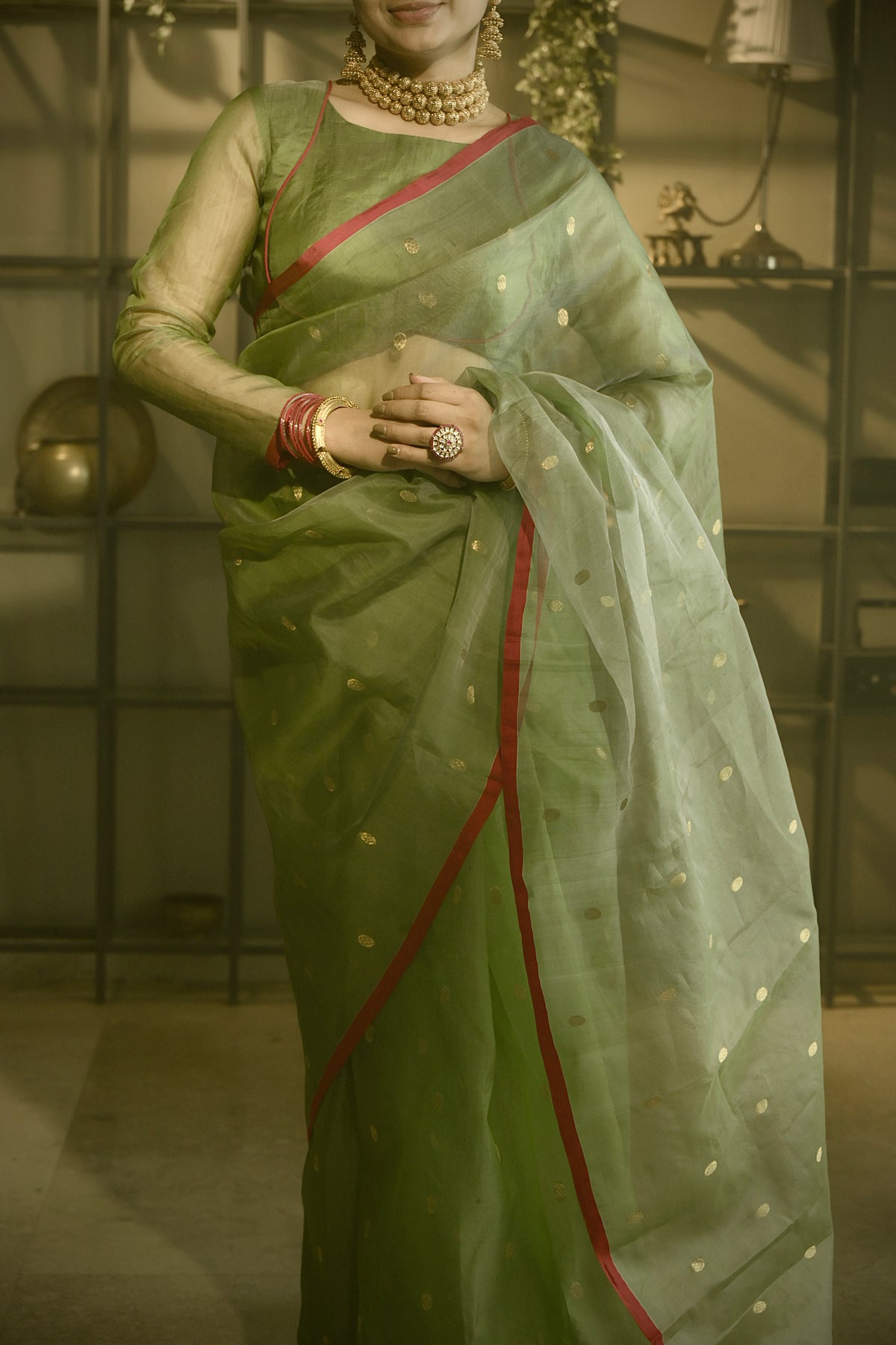 Olive gold & red Chanderi silk saree with zari bootis all over