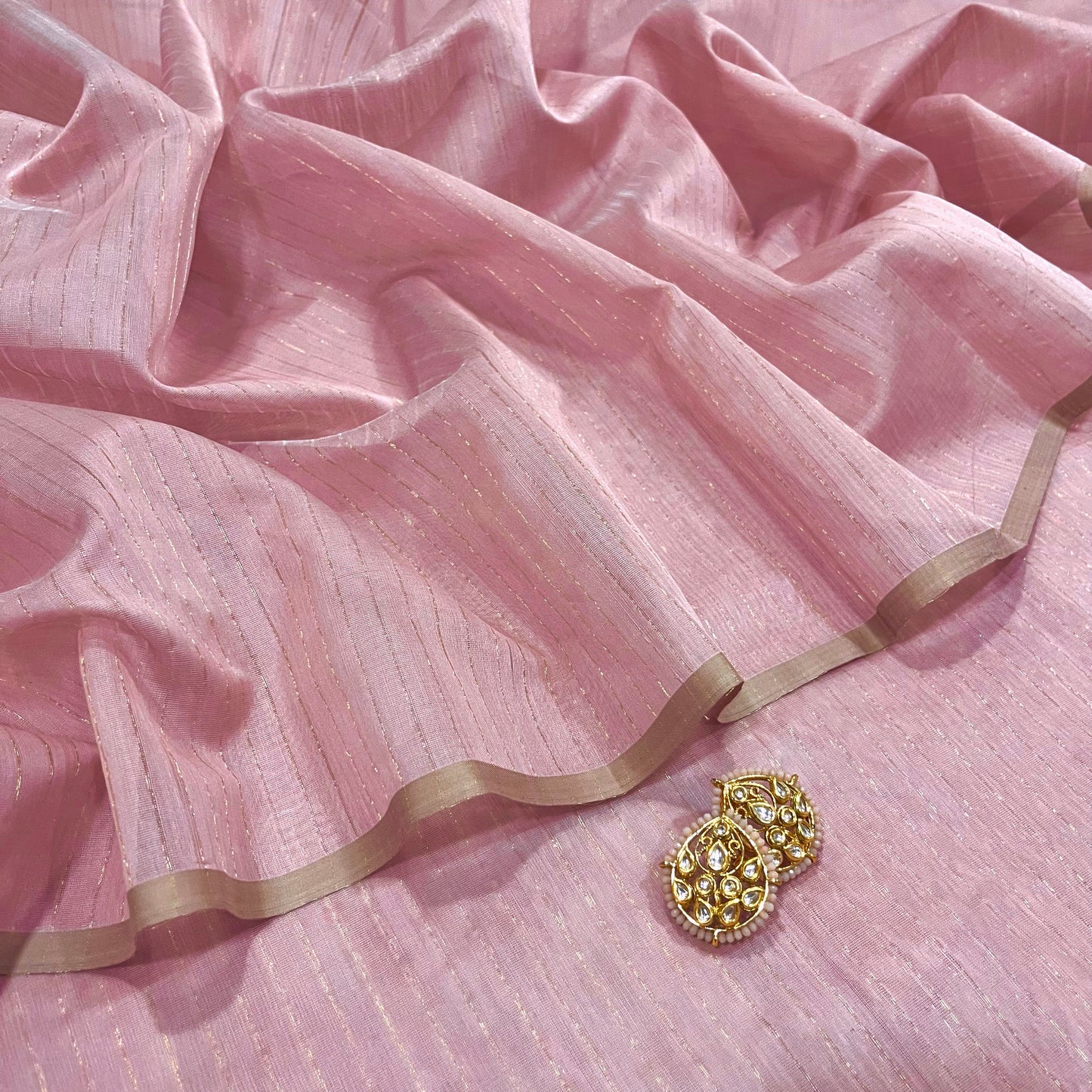 Pastel Pink Maheshwari saree with zari lines all over