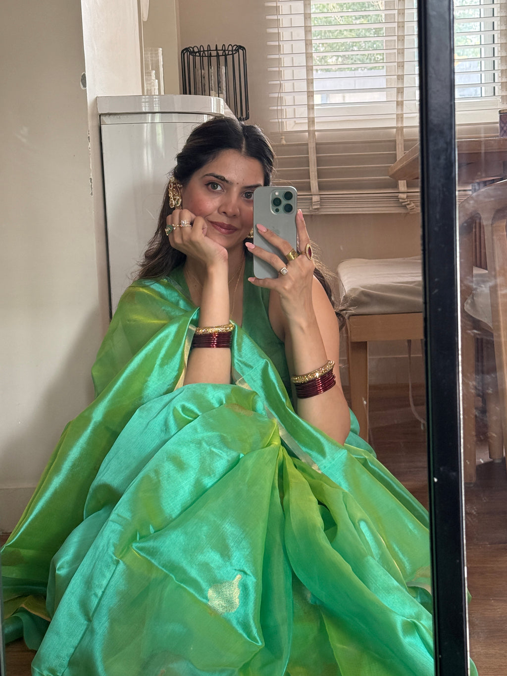 Ready to wear | Sea Green Dual Tone Chanderi Silk Saree with Jhoomar Motifs all over
