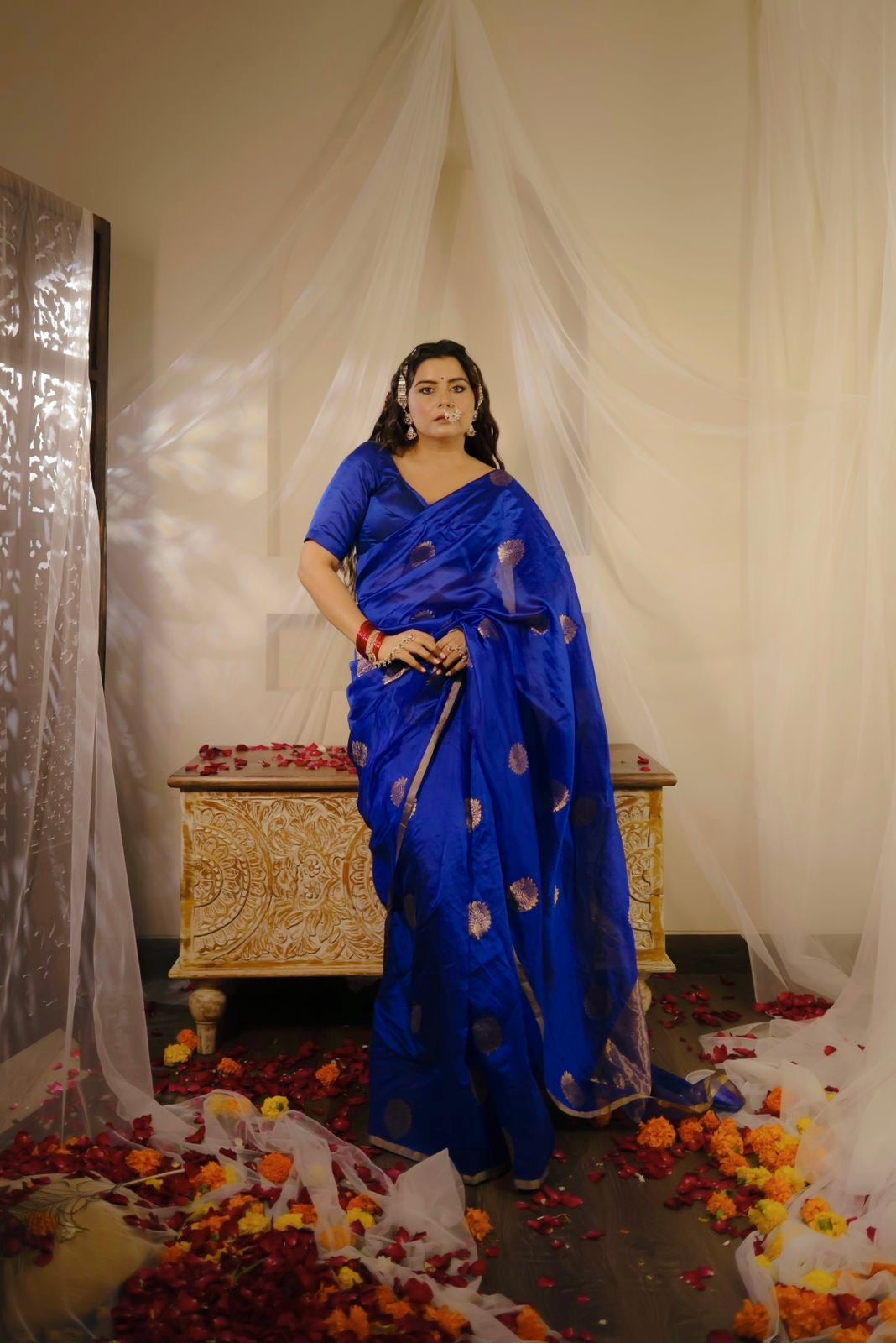 Royal blue chanderi silk saree with mor-motifs all over