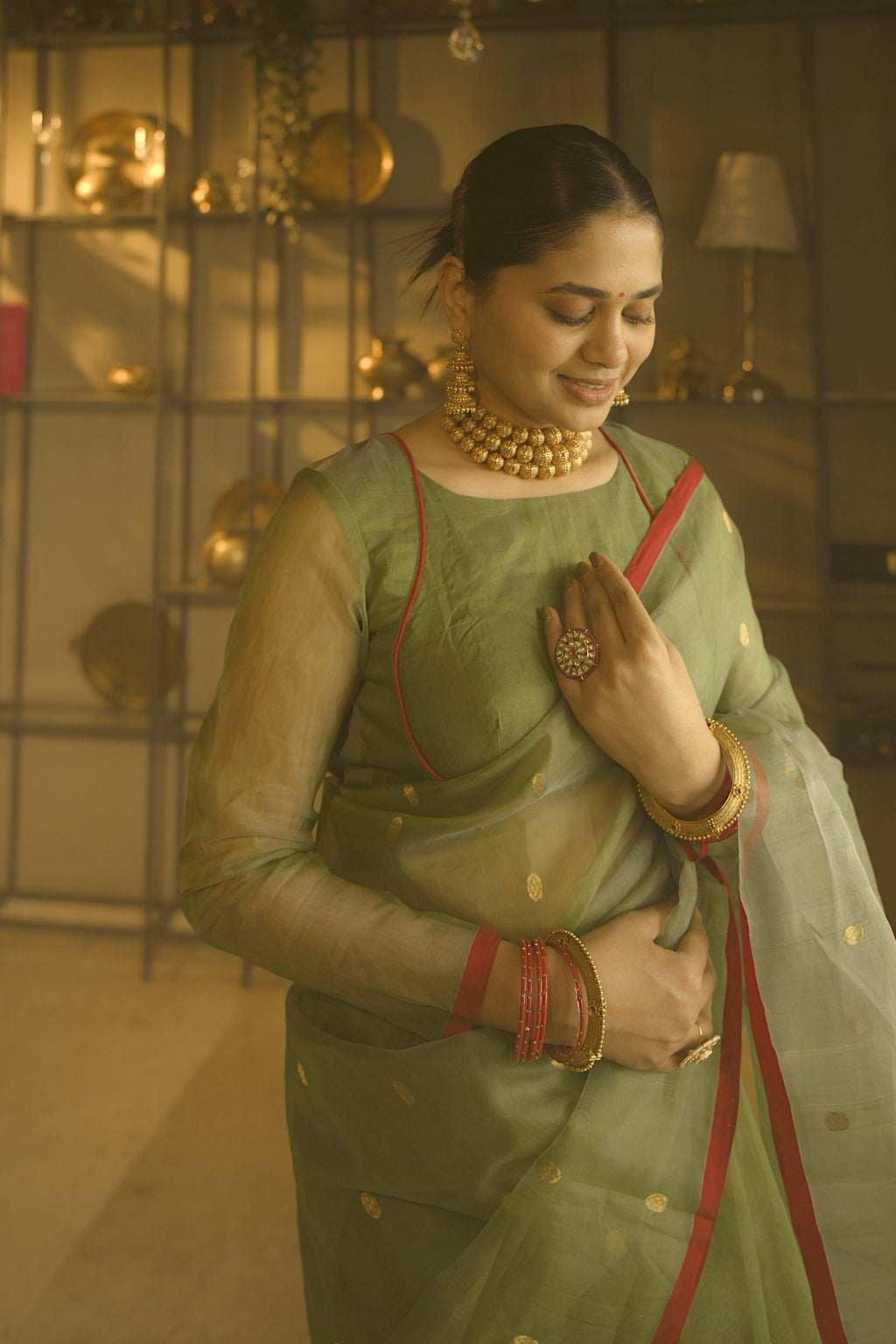 Olive gold & red Chanderi silk saree with zari bootis all over