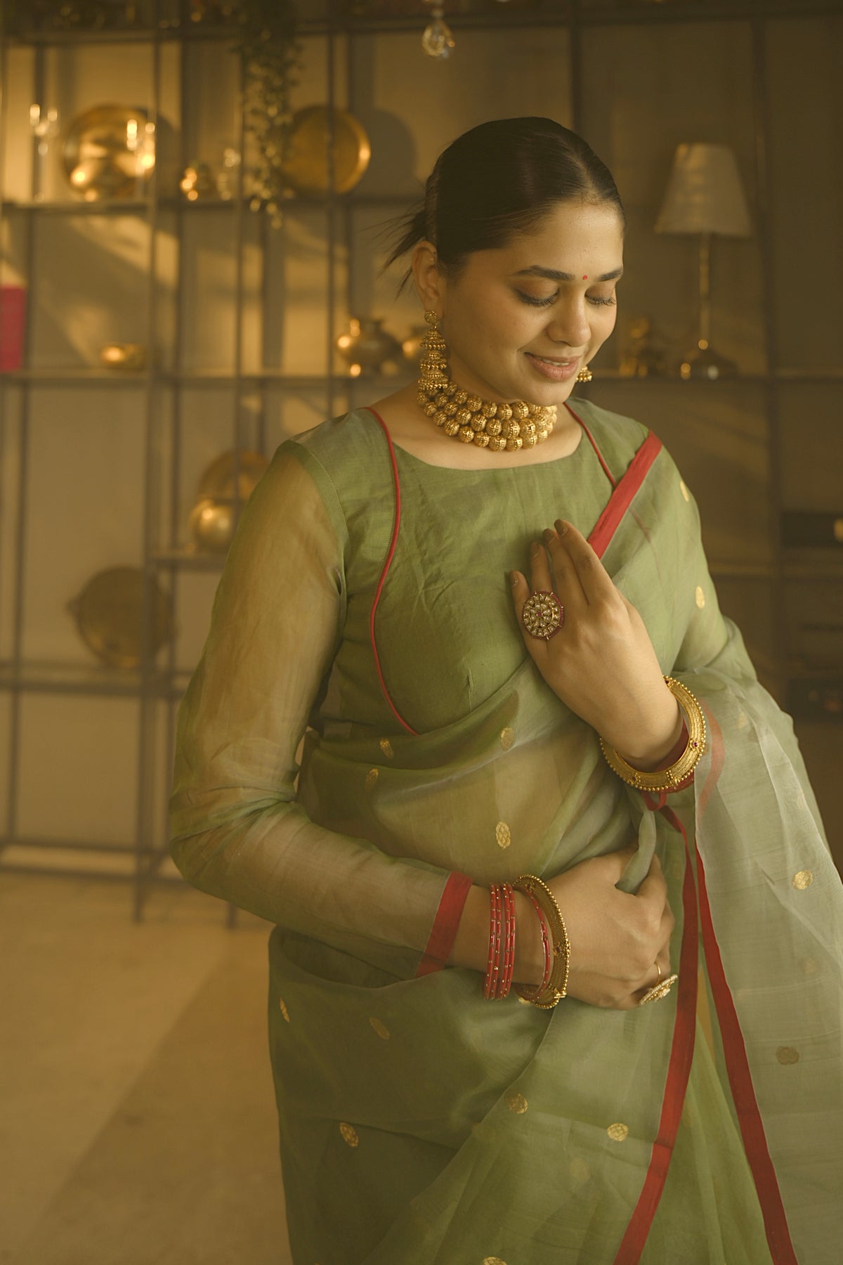 Olive gold & red Chanderi silk saree with zari bootis all over