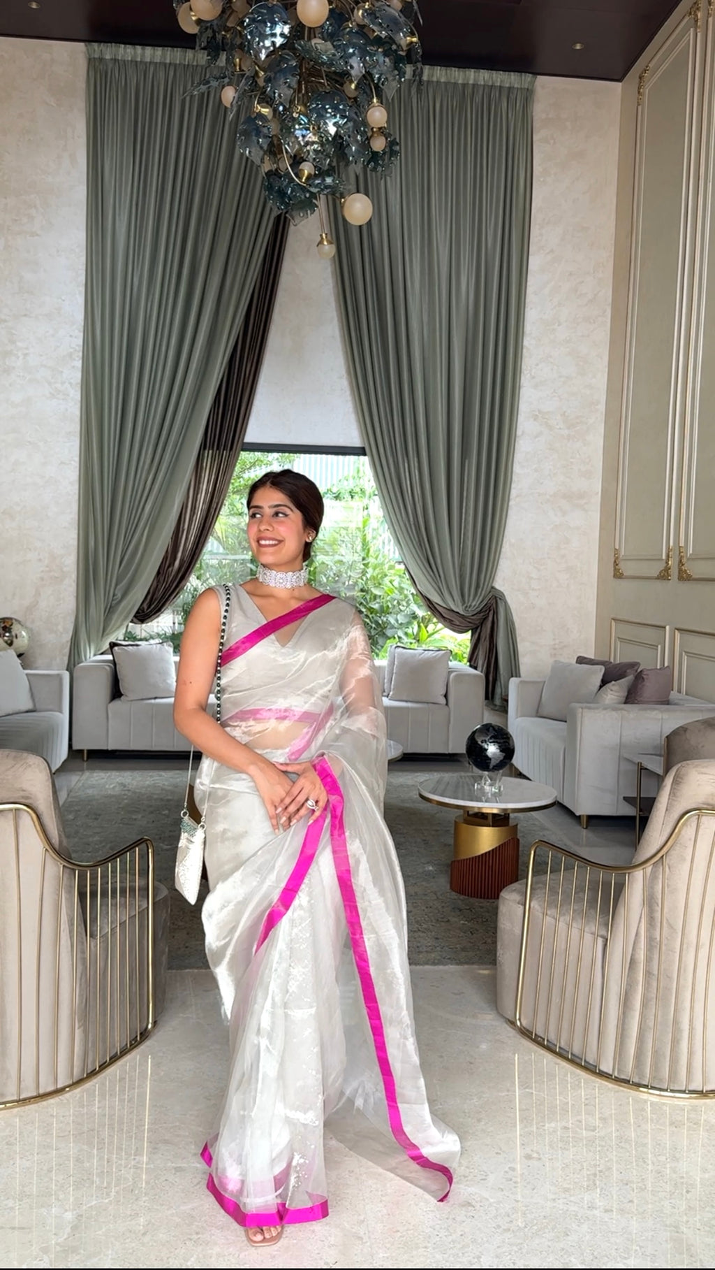 Silver white & hot pink chanderi tissue silk saree