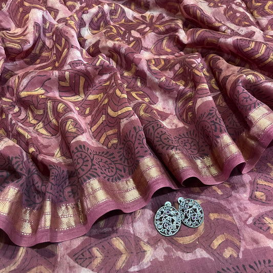 Rust pink Maheshwari saree with ajrakh print all over