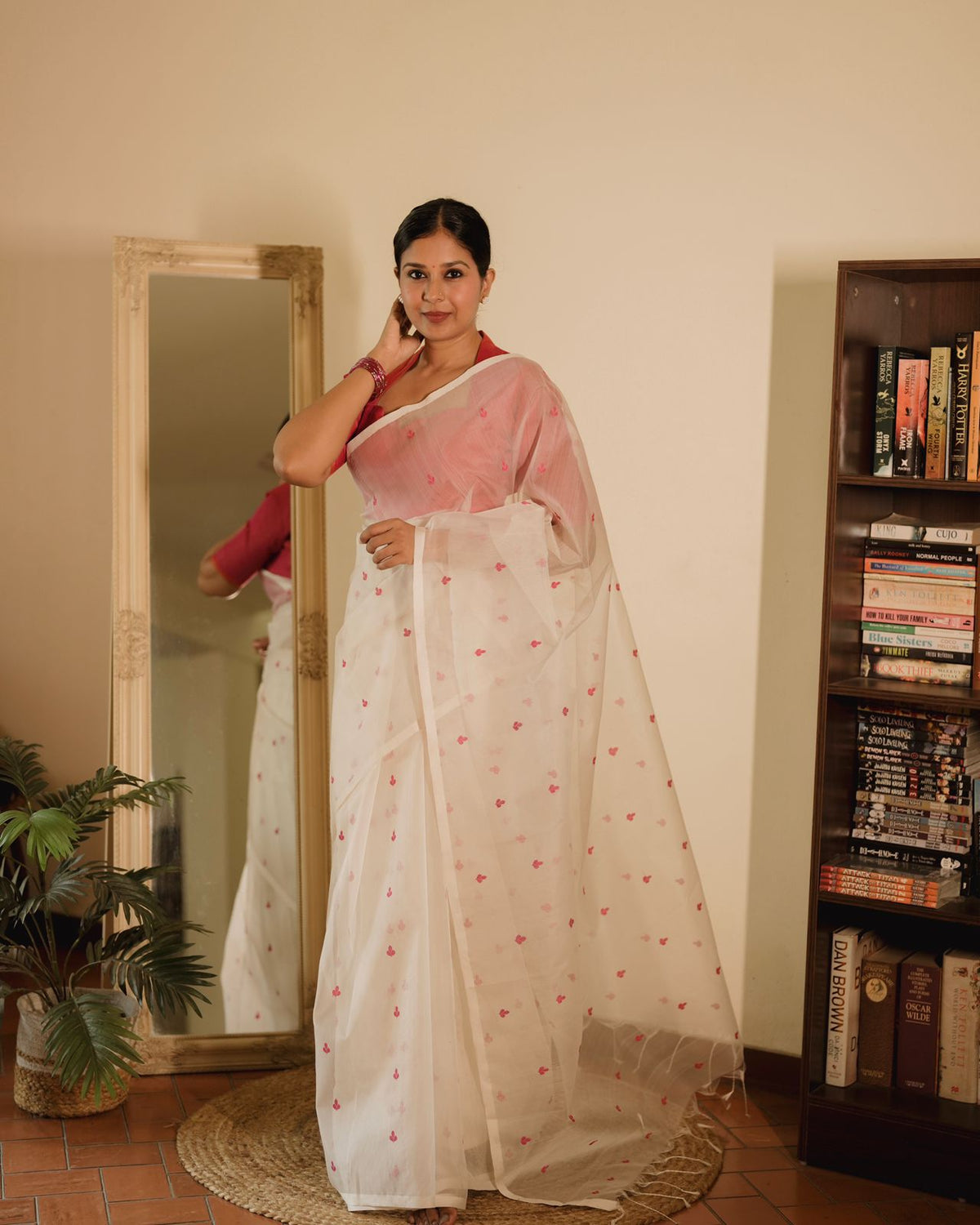 Off white and pink Chanderi silk saree with resham bootis all over