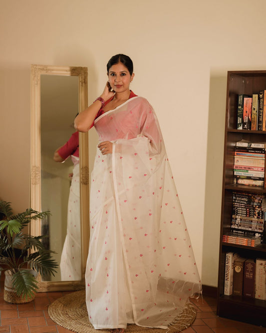 Off white and pink Chanderi silk saree with resham bootis all over