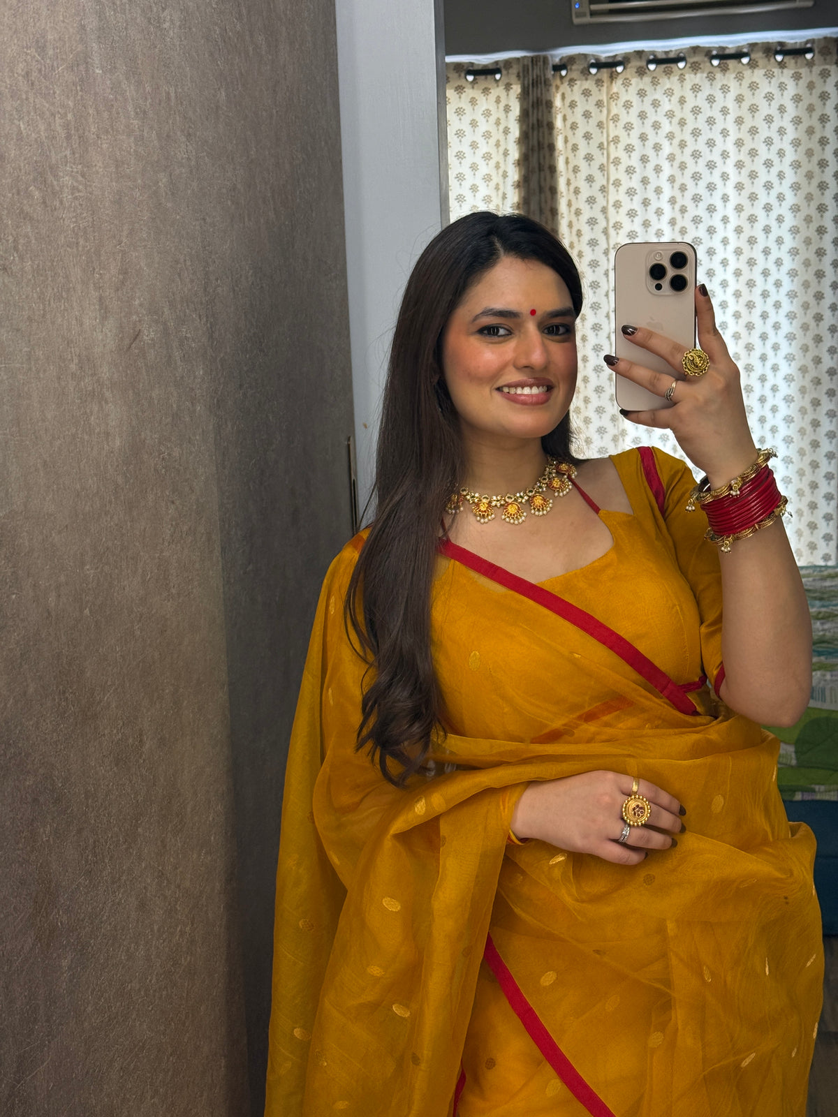Mustard red Chanderi silk saree with zari bootis all over