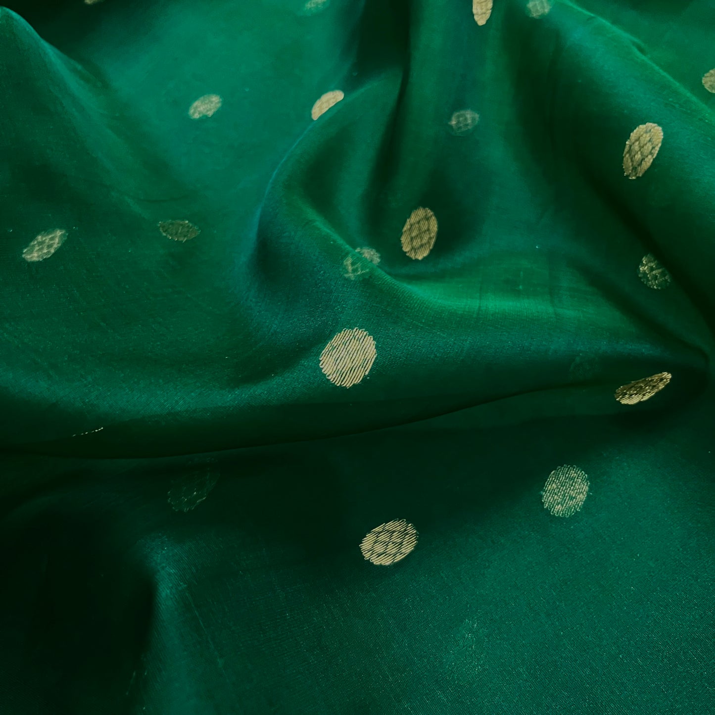 Green & red Chanderi silk saree with zari bootis all over