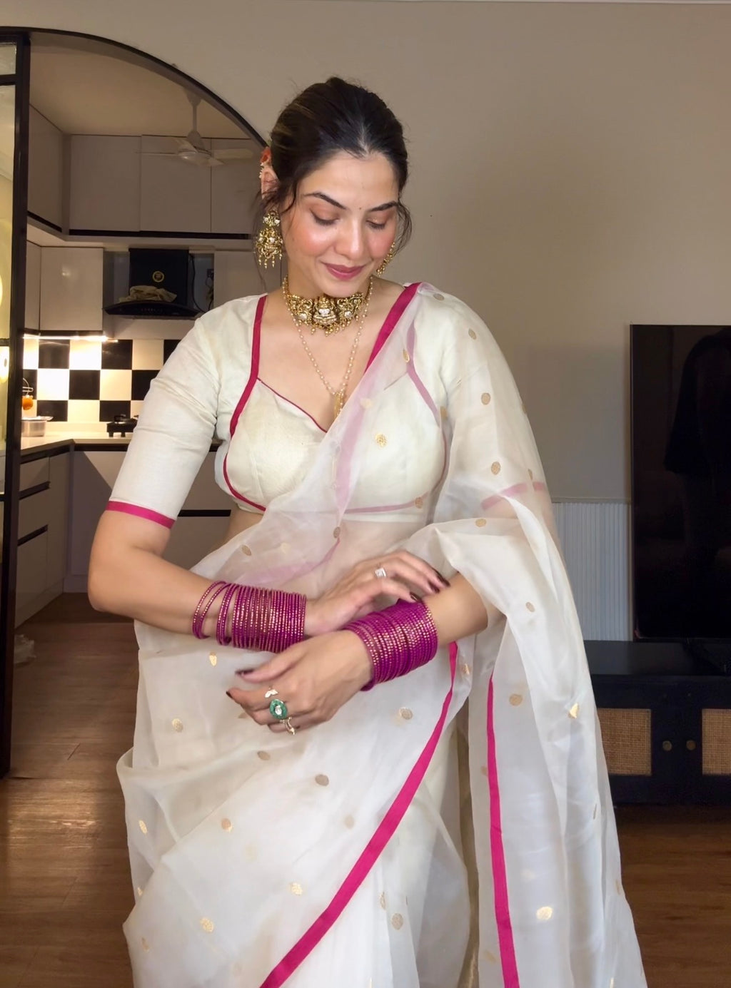 Off-White & Pink Chanderi Organza Silk Saree with Zari Bootis all over