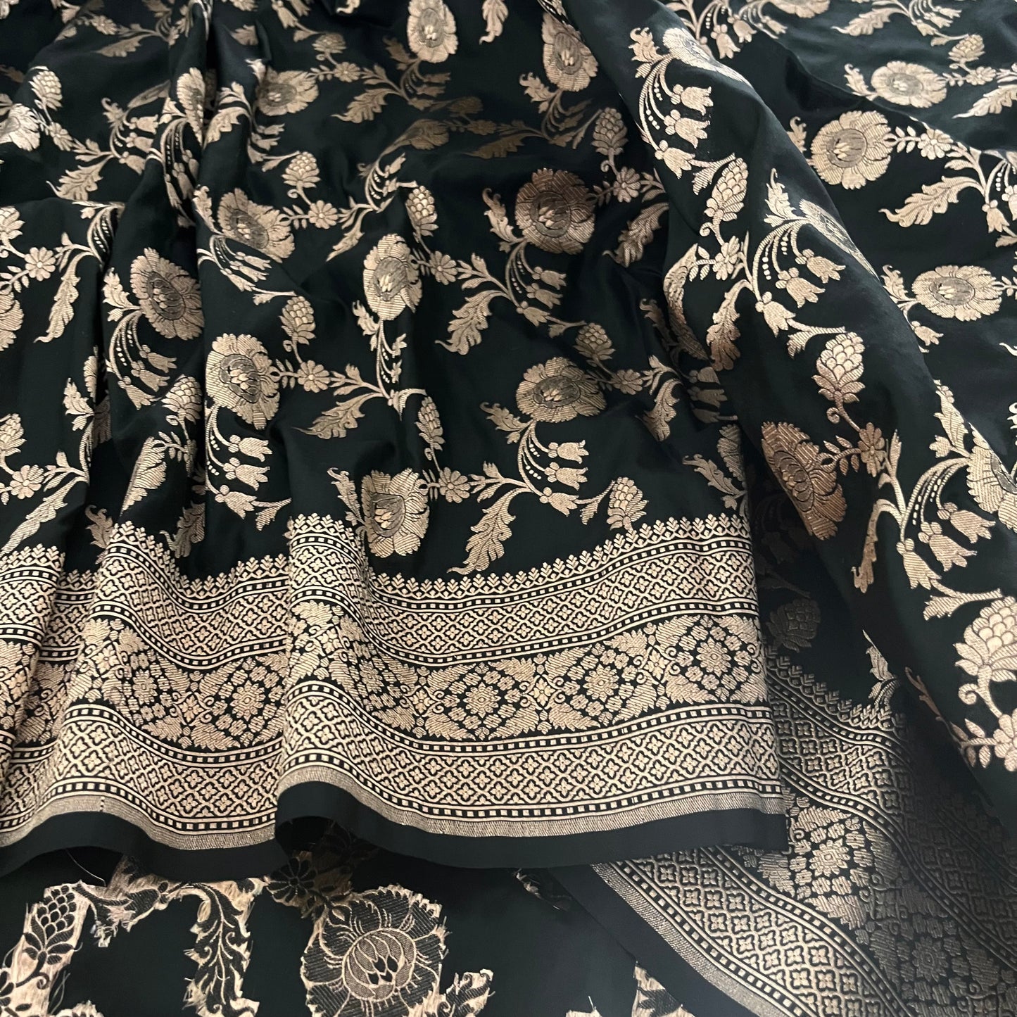 Black Banarasi katan silk saree with zari jaal work all over