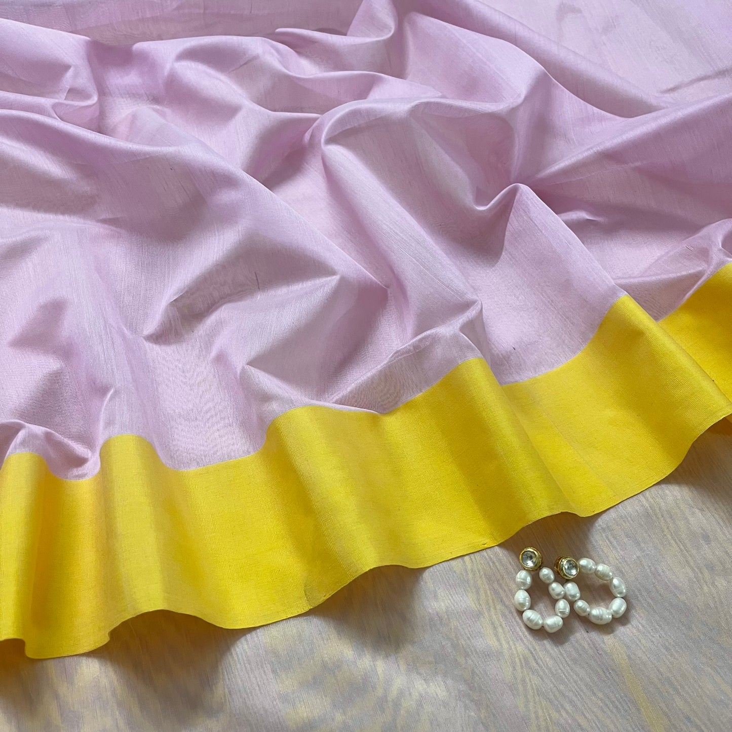 Pink and lemon Chanderi saree with zari lines on pallu