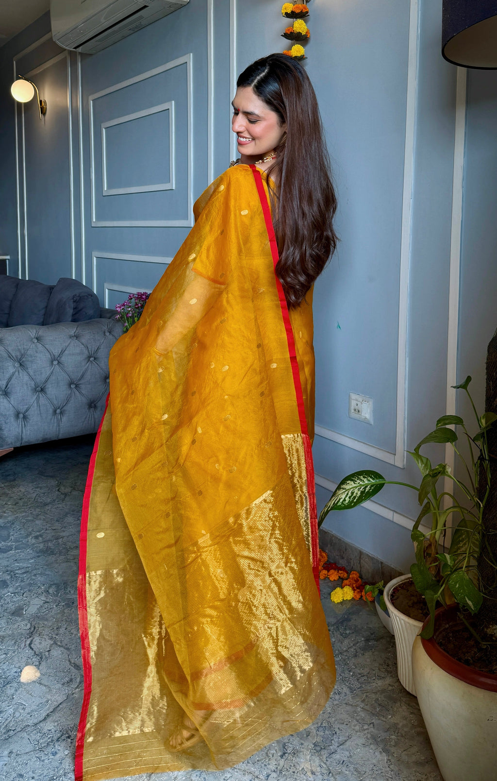 Mustard red Chanderi silk saree with zari bootis all over