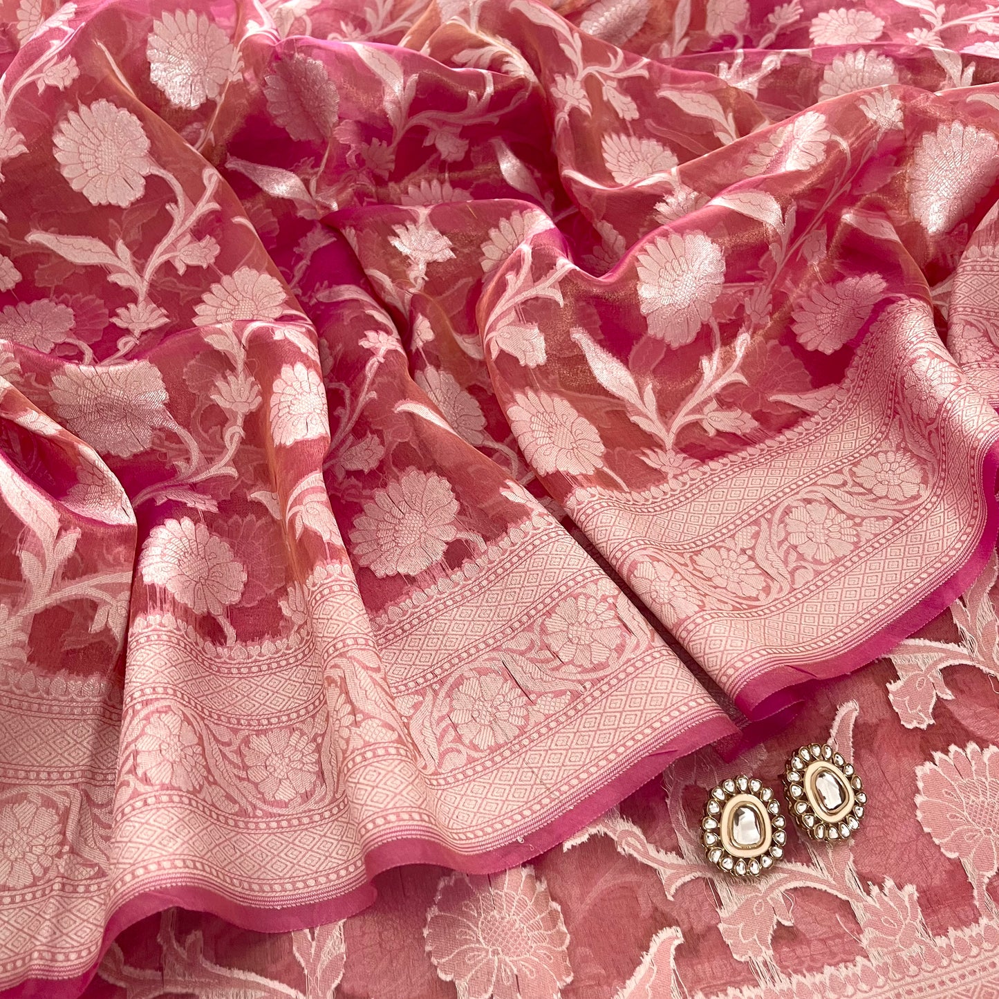 Peachish pink Banarasi tissue silk saree zari jaal work all over