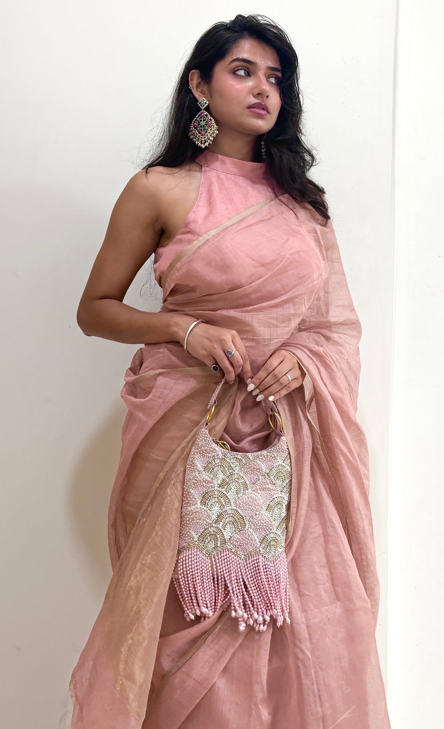Pastel Pink Maheshwari saree with zari lines all over