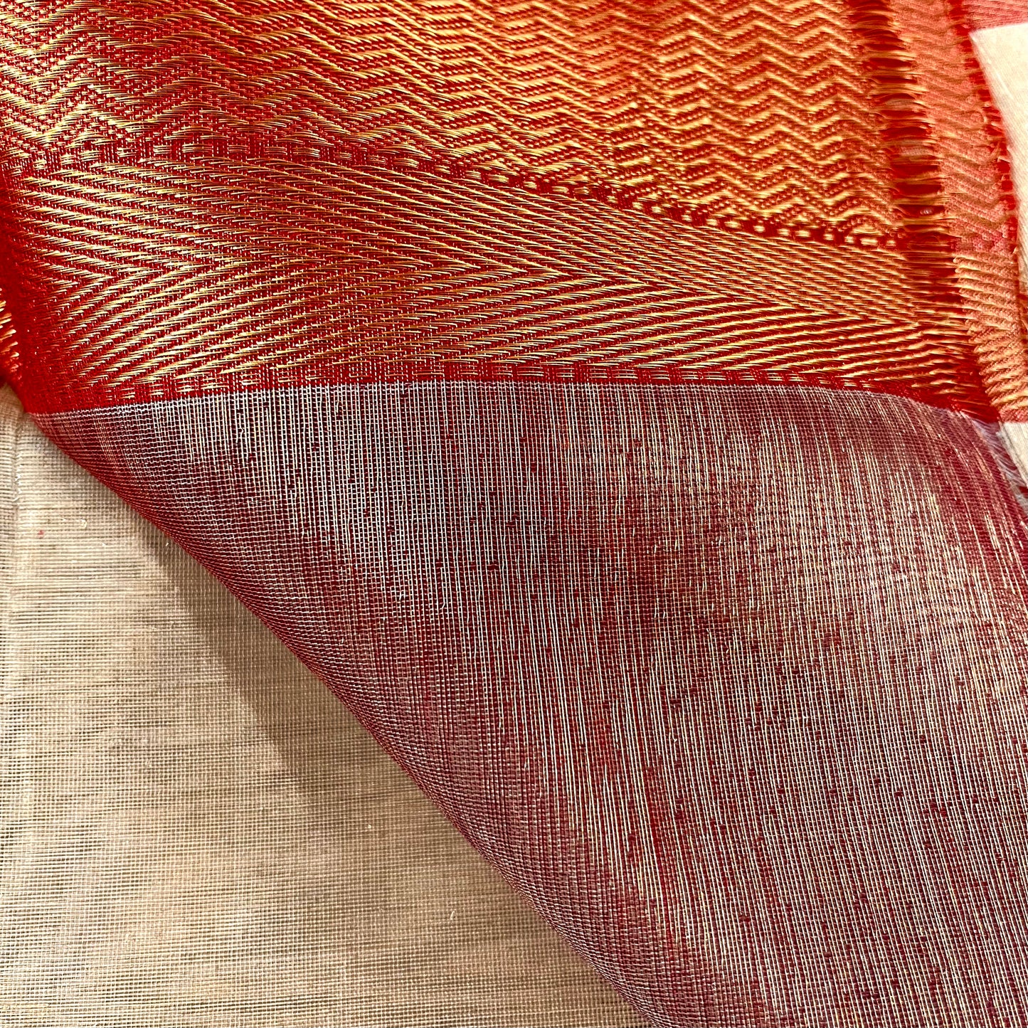 Gold & red maheshwari tissue silk saree with zari border