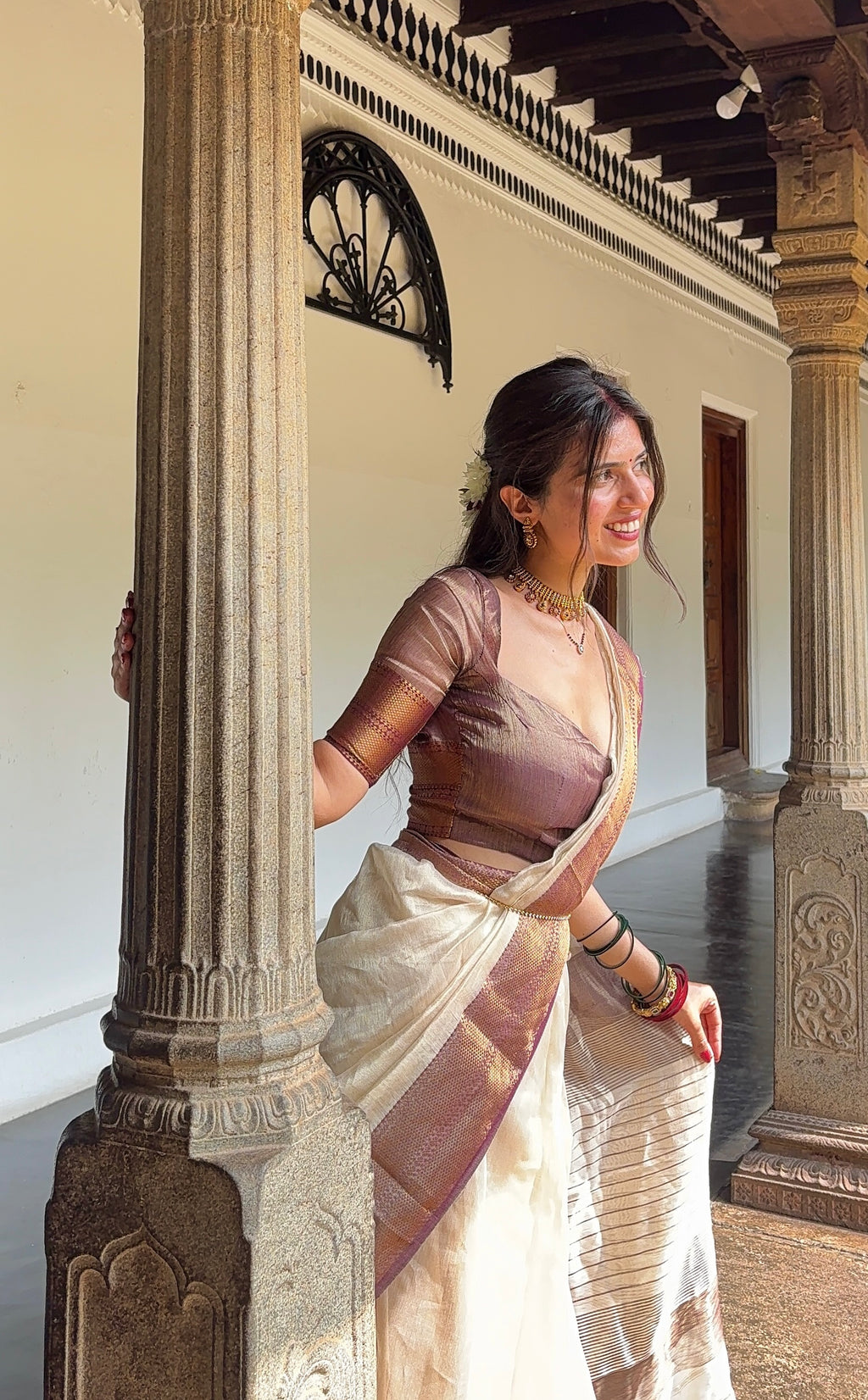 Ready to wear | Cream & Violet Maheshwari tissue silk saree with antique gold zari border