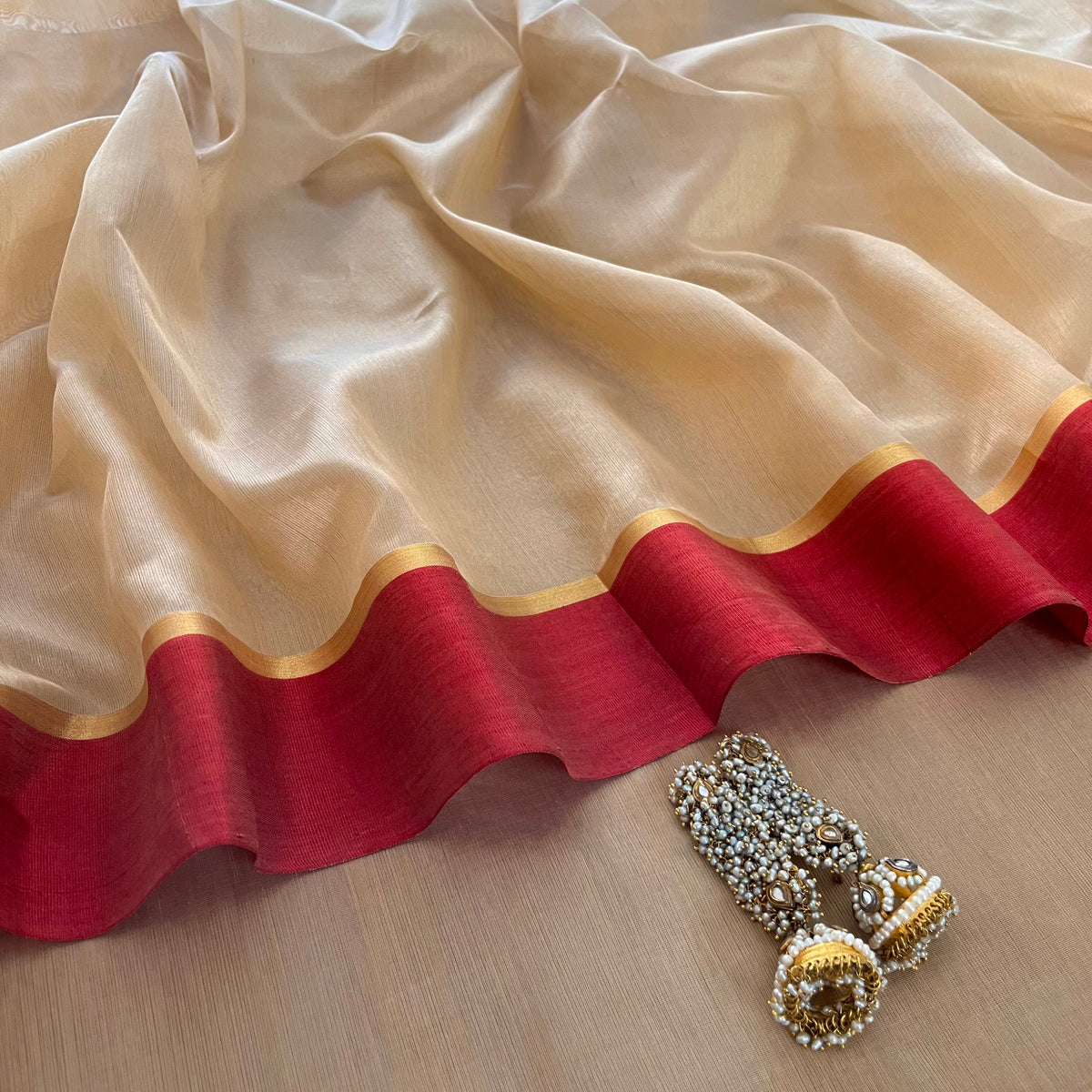 Beige & Red Chanderi Silk Saree with Zari Lines on Pallu