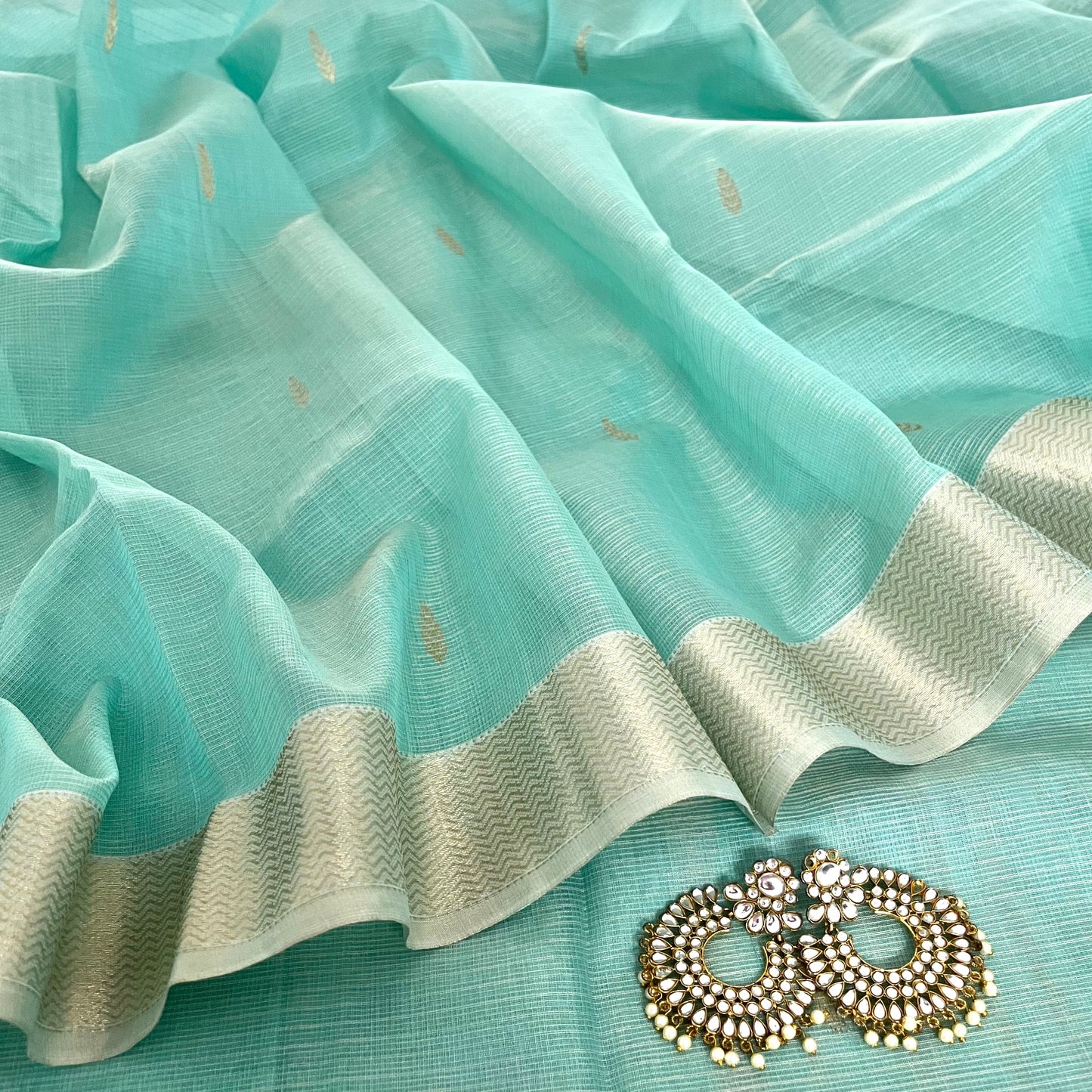Light blue Maheshwari silk saree with zari checks all over