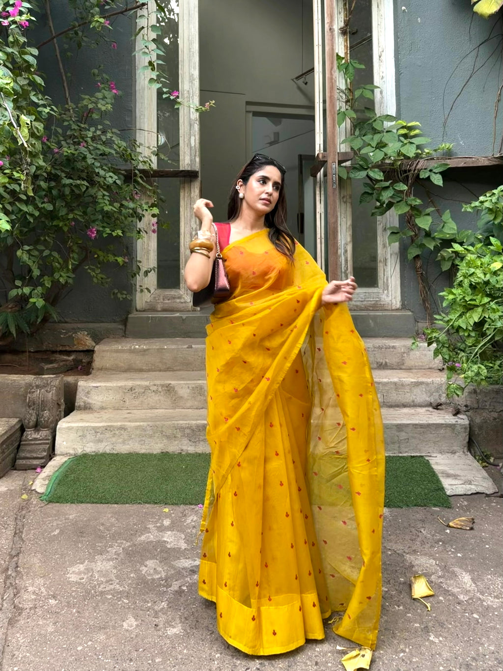 Mustard and pink Chanderi silk saree with resham bootis all over