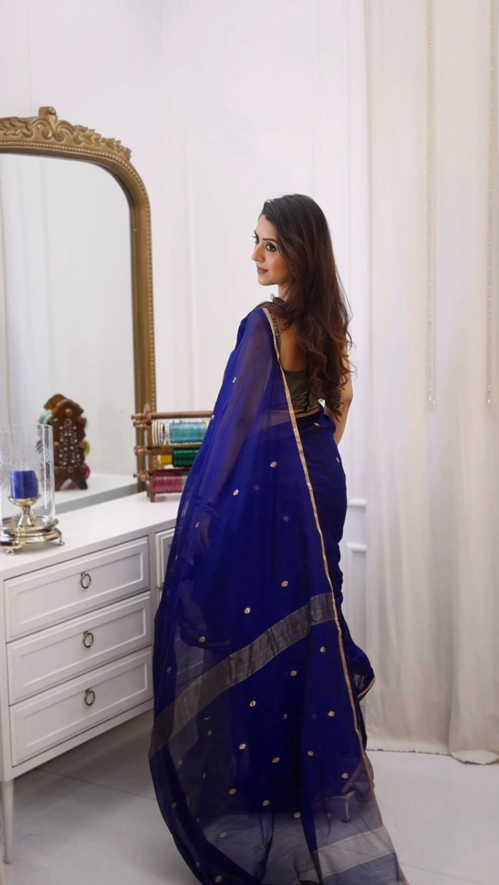 Ready to wear | Dark Blue Maheshwari Saree with Zari Bootis & Zari Lines