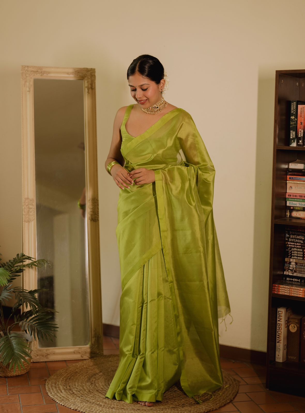 Olive green Chanderi silk saree with silk border