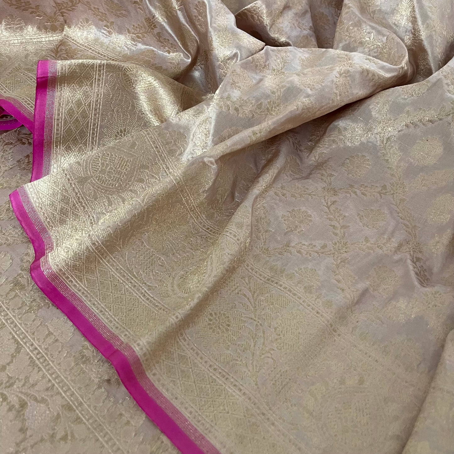 Sand and pink Banarasi katan silk saree with zari jaal work all over
