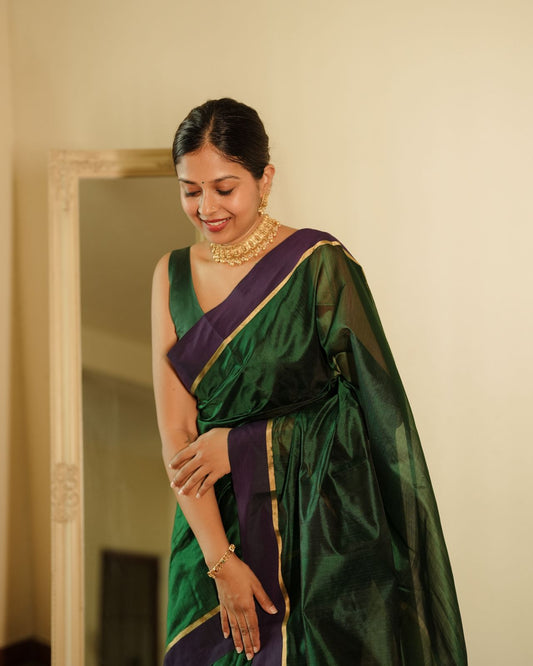 Dark green and blue Chanderi silk saree with silk border