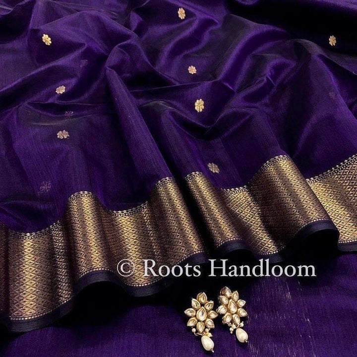 Dark Purple Maheshwari Saree with Flower Bootis all over it