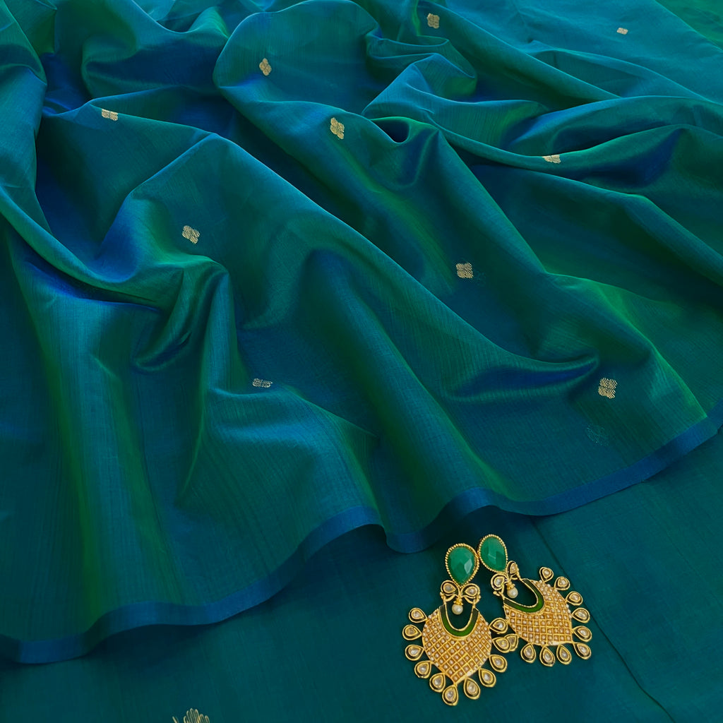 Ready to wear | Peacock Green & Blue Dual Tone Maheshwari Saree with Zari Bootis all over