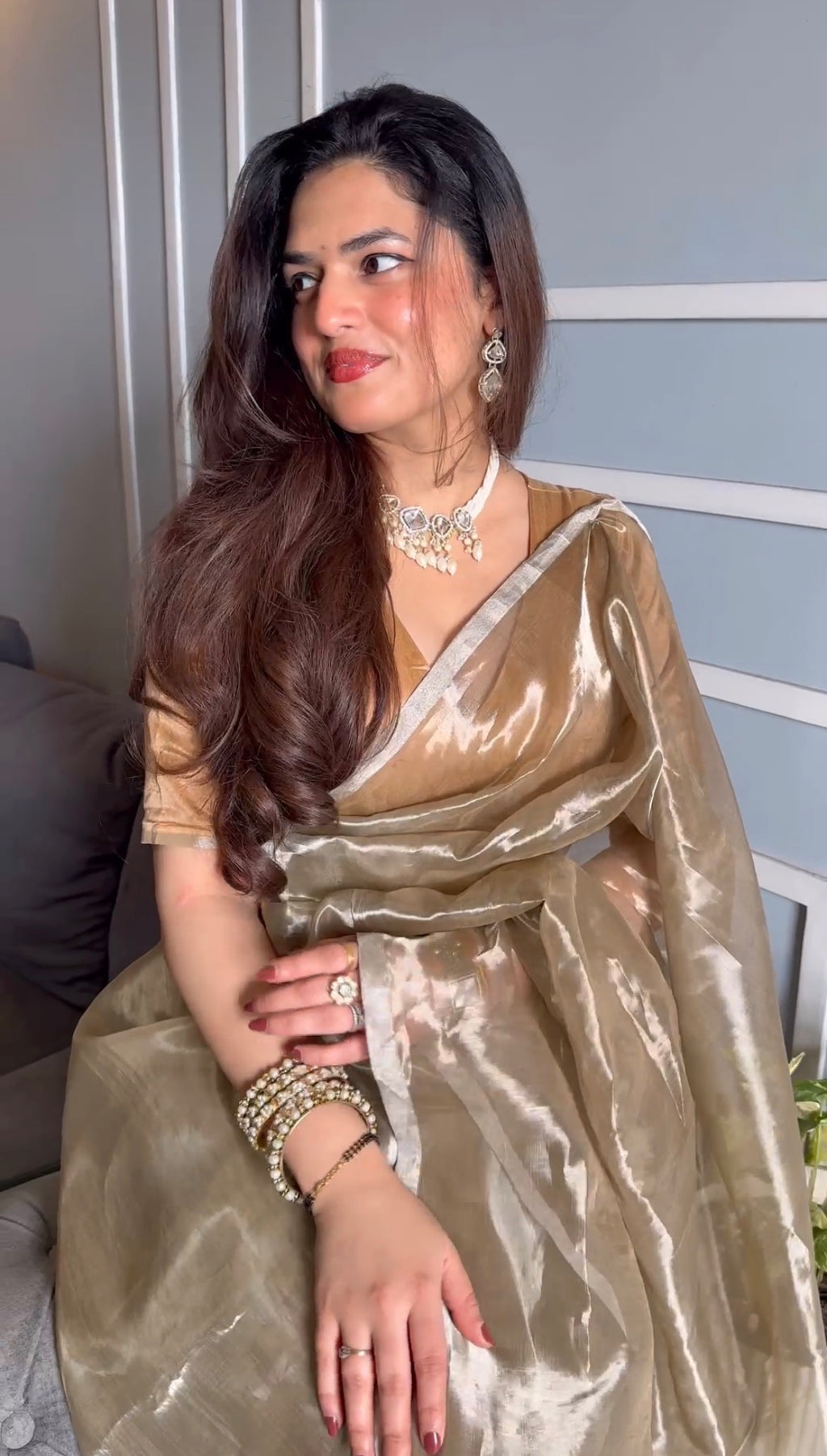 Champagne Chanderi tissue silk saree with silver zari border
