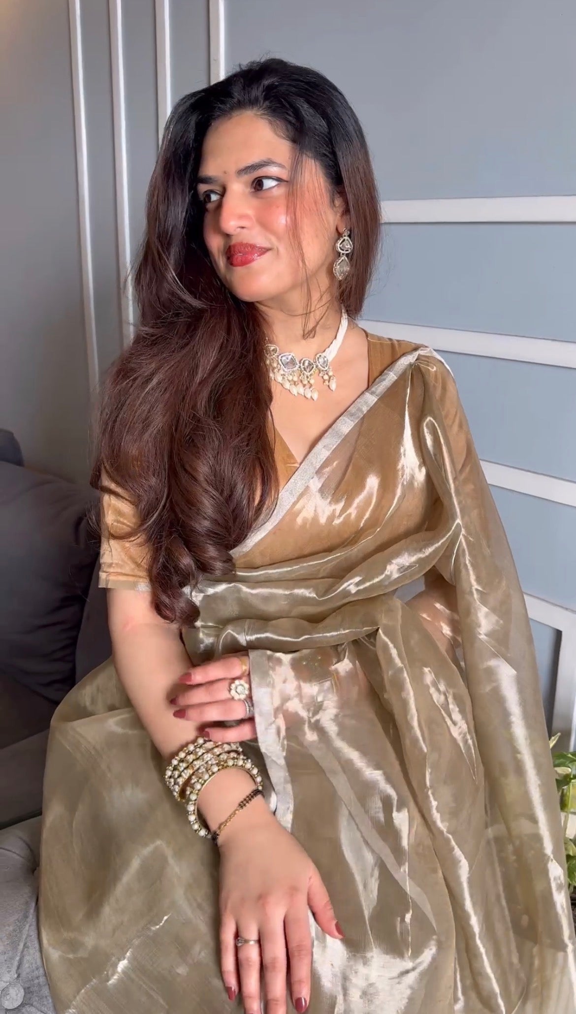 Champagne Chanderi tissue silk saree with silver zari border
