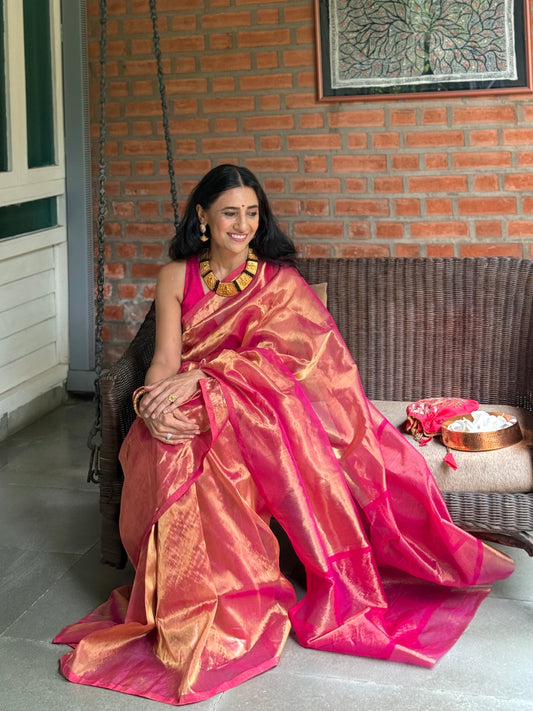 Pink and gold chanderi tissue silk saree