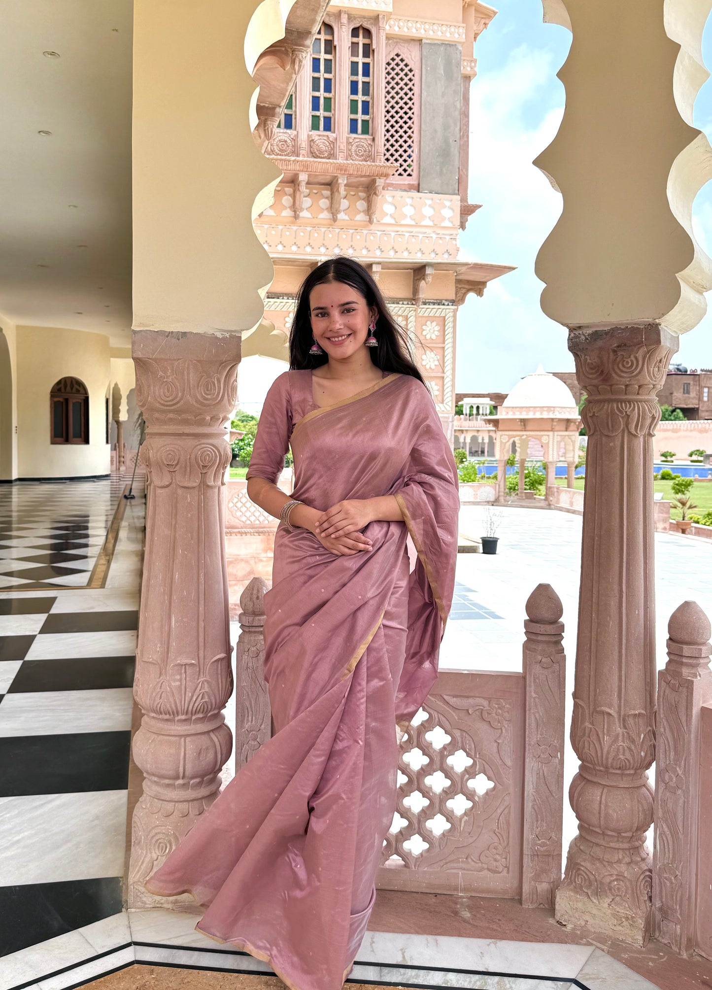 Dusty pink chanderi silk saree with zari bootis all over