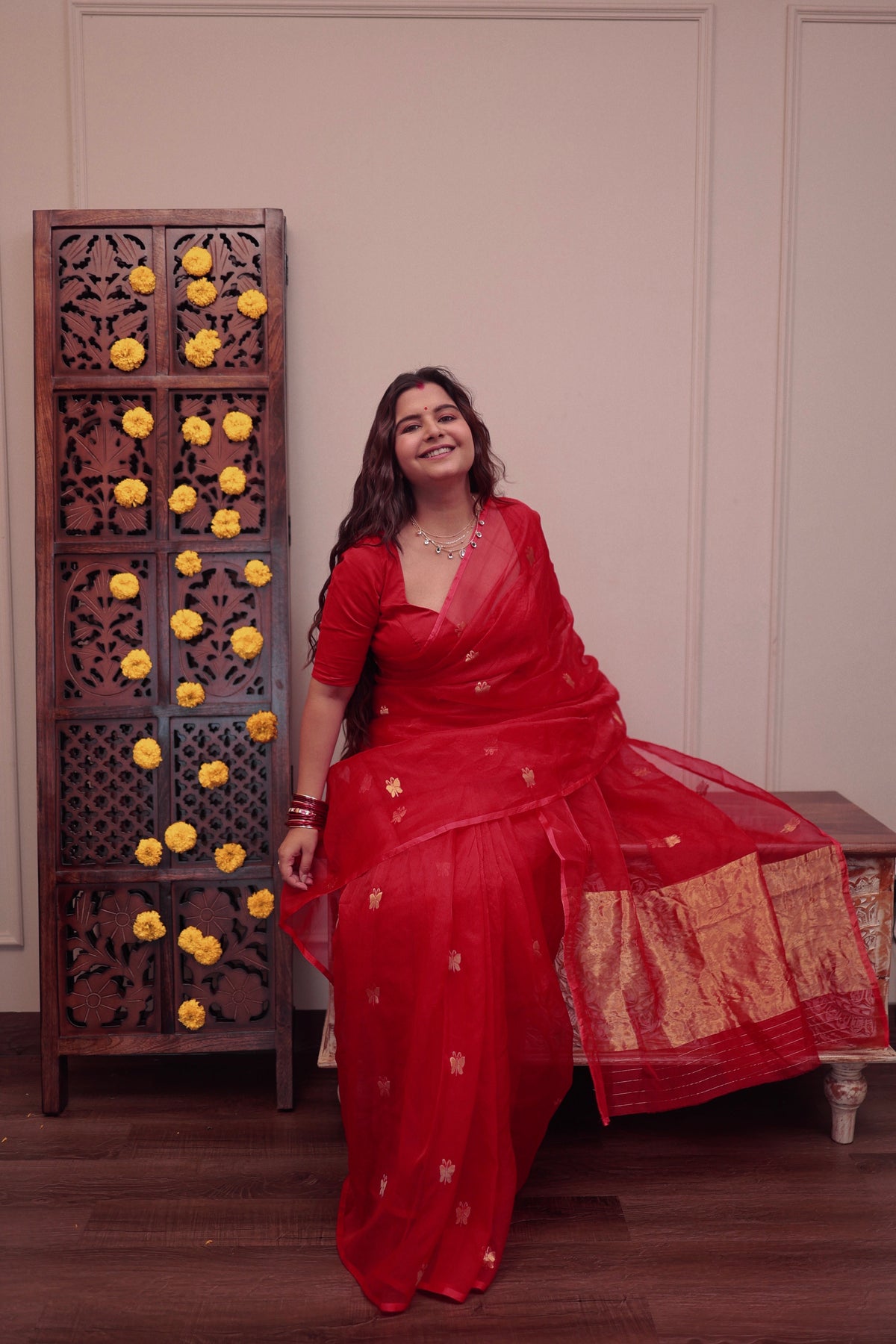 Red chanderi organza silk saree with butterfly motifs all over