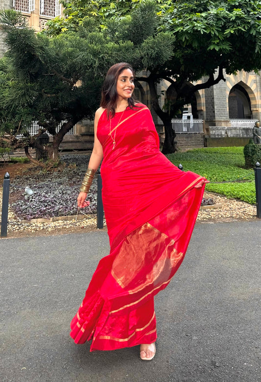 Red Chanderi Silk Saree with Tissue Border