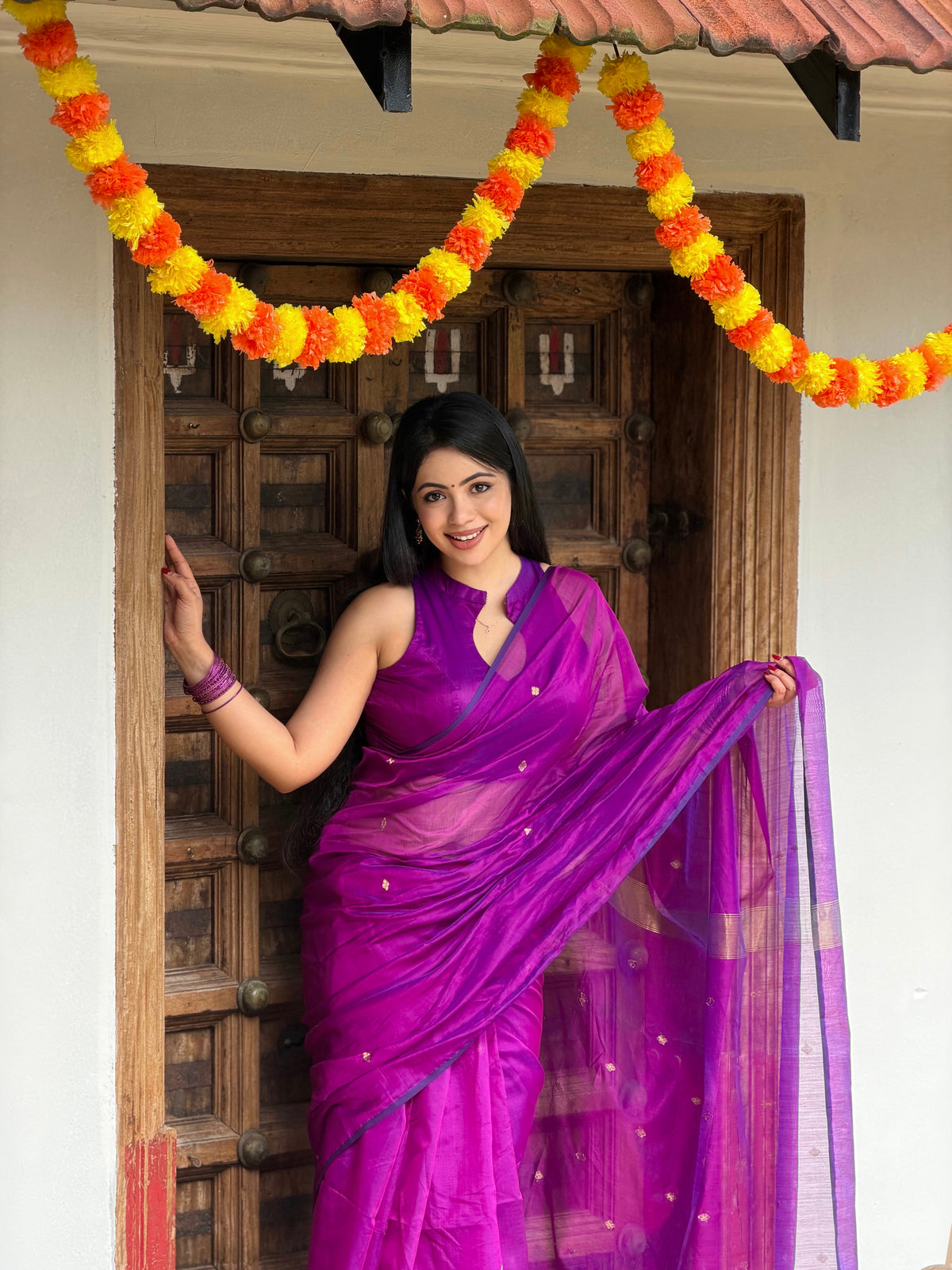 Shop the look | Violet Dual Tone Maheshwari Saree with Zari Bootis all over